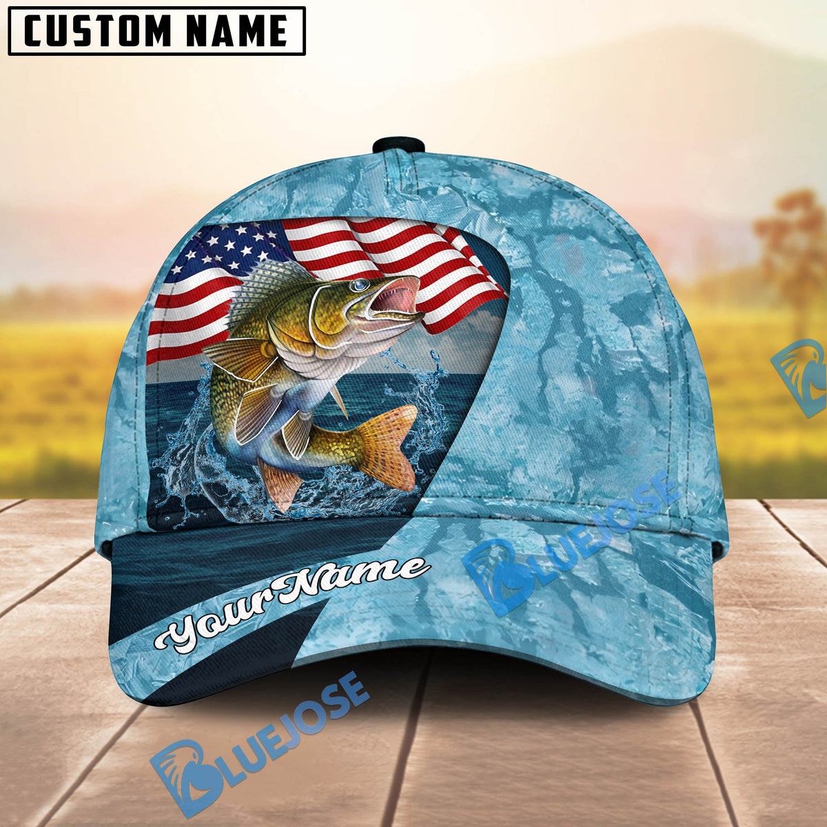 BlueJose Fishing American Flag Light Blue Ocean Design Personalized Cap (13 Breeds)