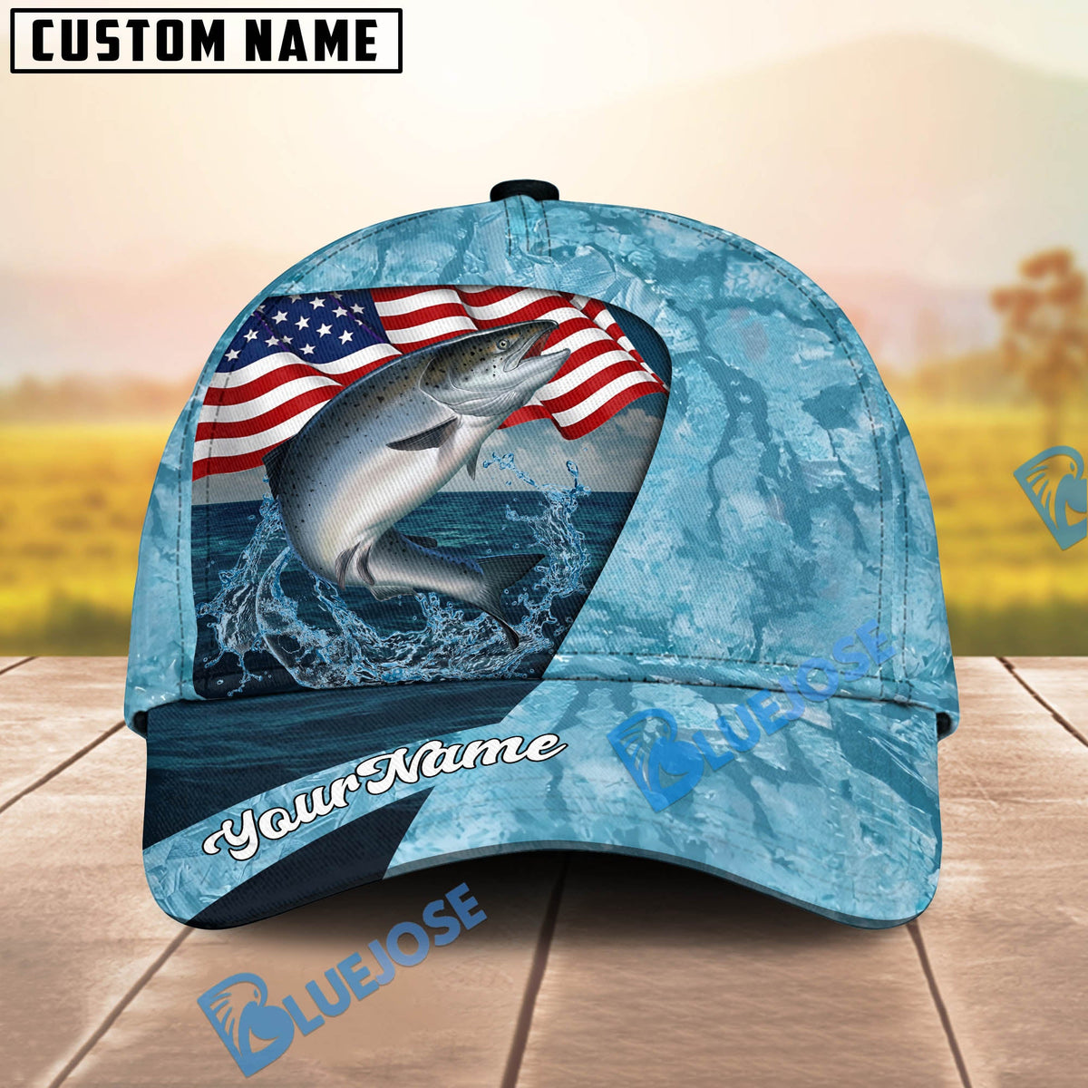 BlueJose Fishing American Flag Light Blue Ocean Design Personalized Cap (13 Breeds)