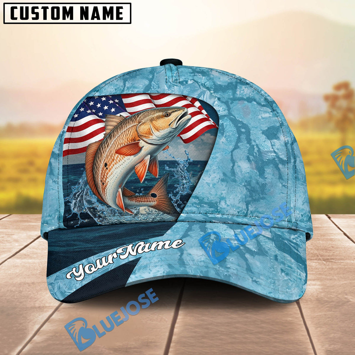 BlueJose Fishing American Flag Light Blue Ocean Design Personalized Cap (13 Breeds)
