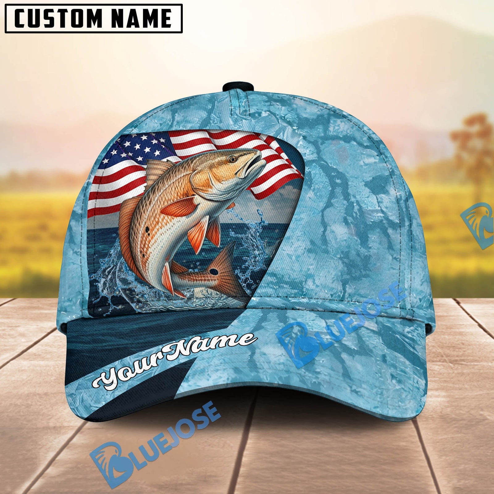 BlueJose Fishing American Flag Light Blue Ocean Design Personalized Cap (13 Breeds)