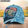 BlueJose Fishing American Flag Light Blue Ocean Design Personalized Cap (13 Breeds)