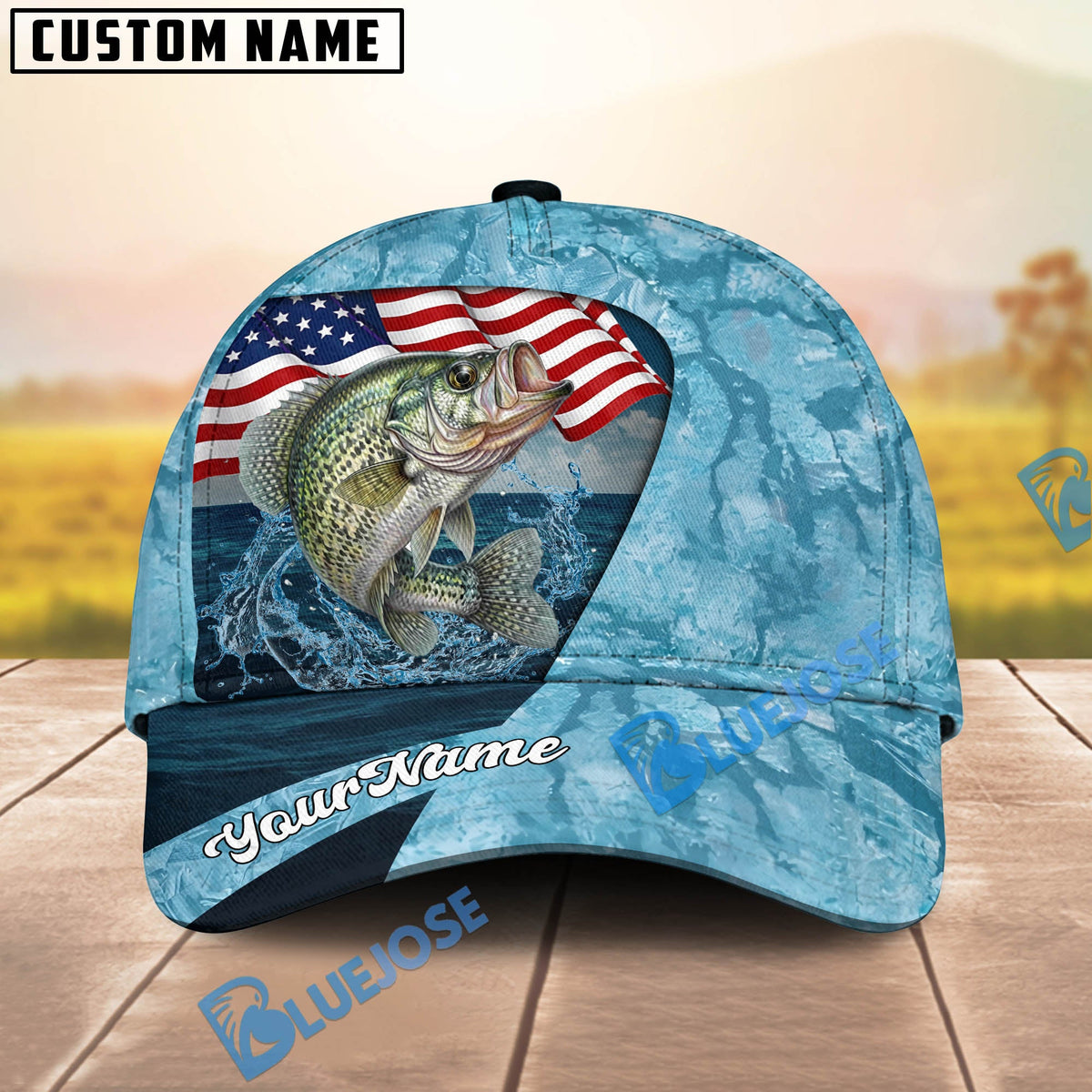 BlueJose Fishing American Flag Light Blue Ocean Design Personalized Cap (13 Breeds)