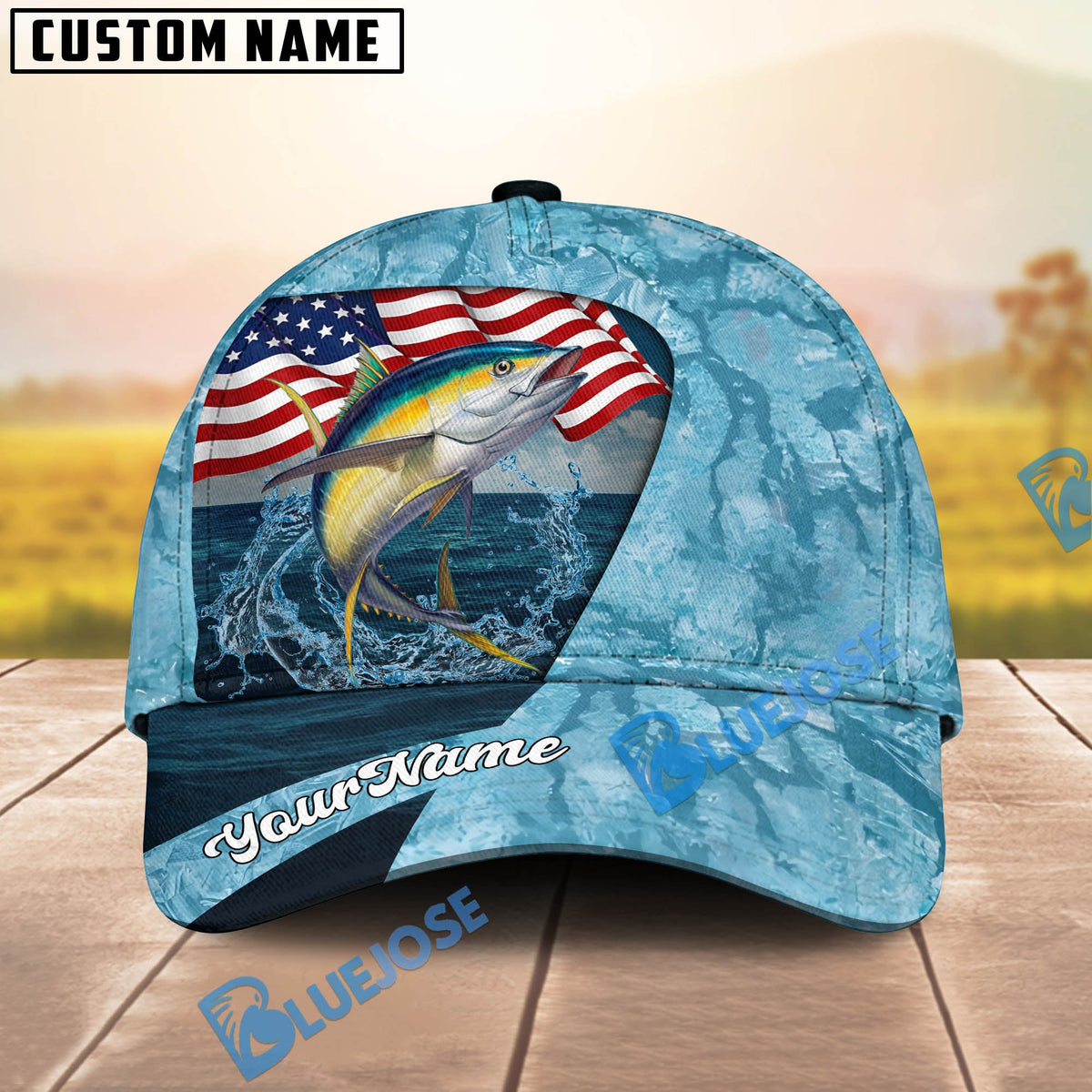 BlueJose Fishing American Flag Light Blue Ocean Design Personalized Cap (13 Breeds)