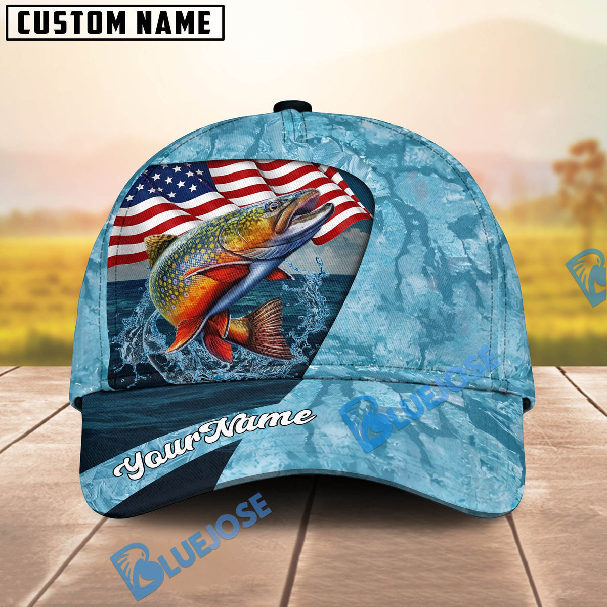 BlueJose Fishing American Flag Light Blue Ocean Design Personalized Cap (13 Breeds)