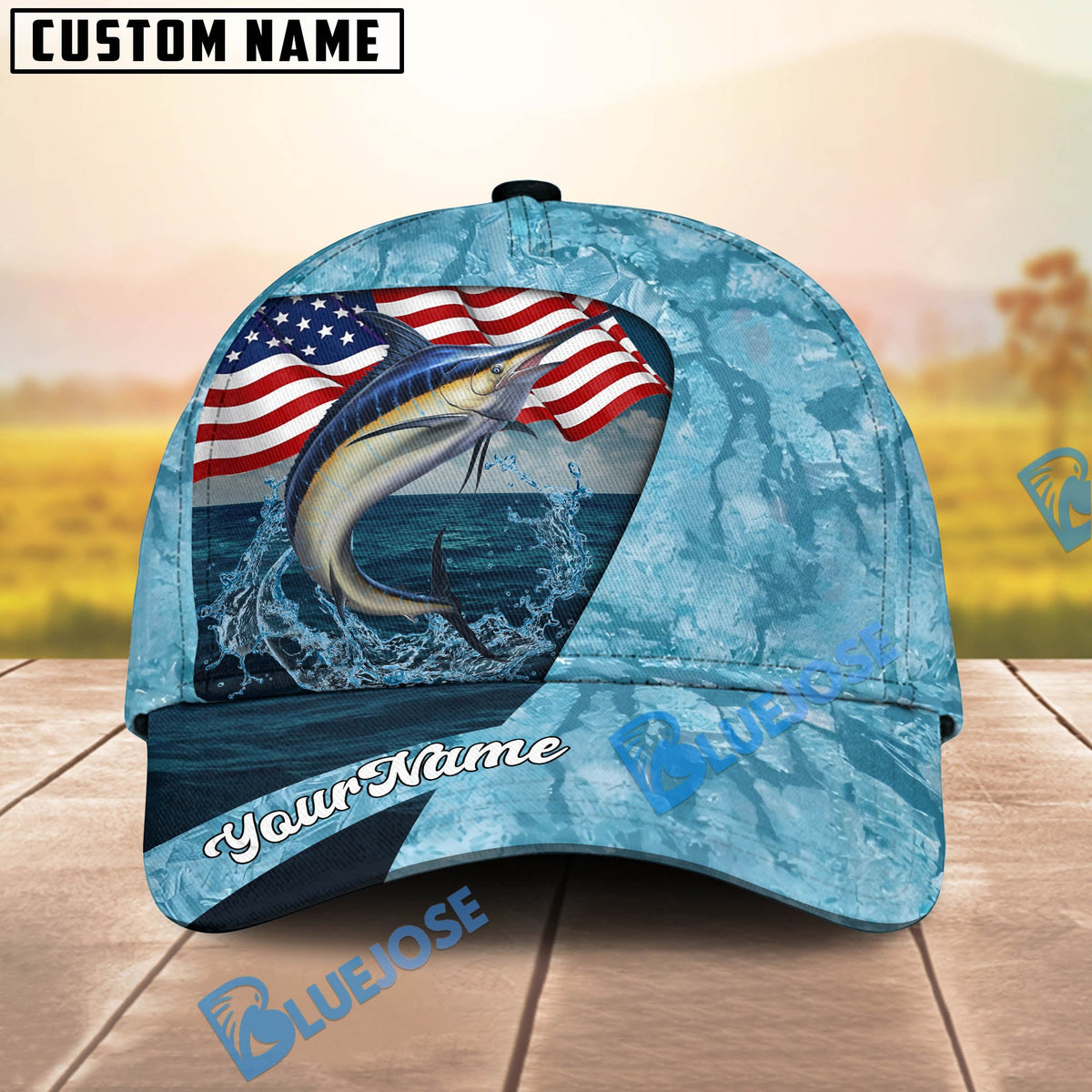 BlueJose Fishing American Flag Light Blue Ocean Design Personalized Cap (13 Breeds)