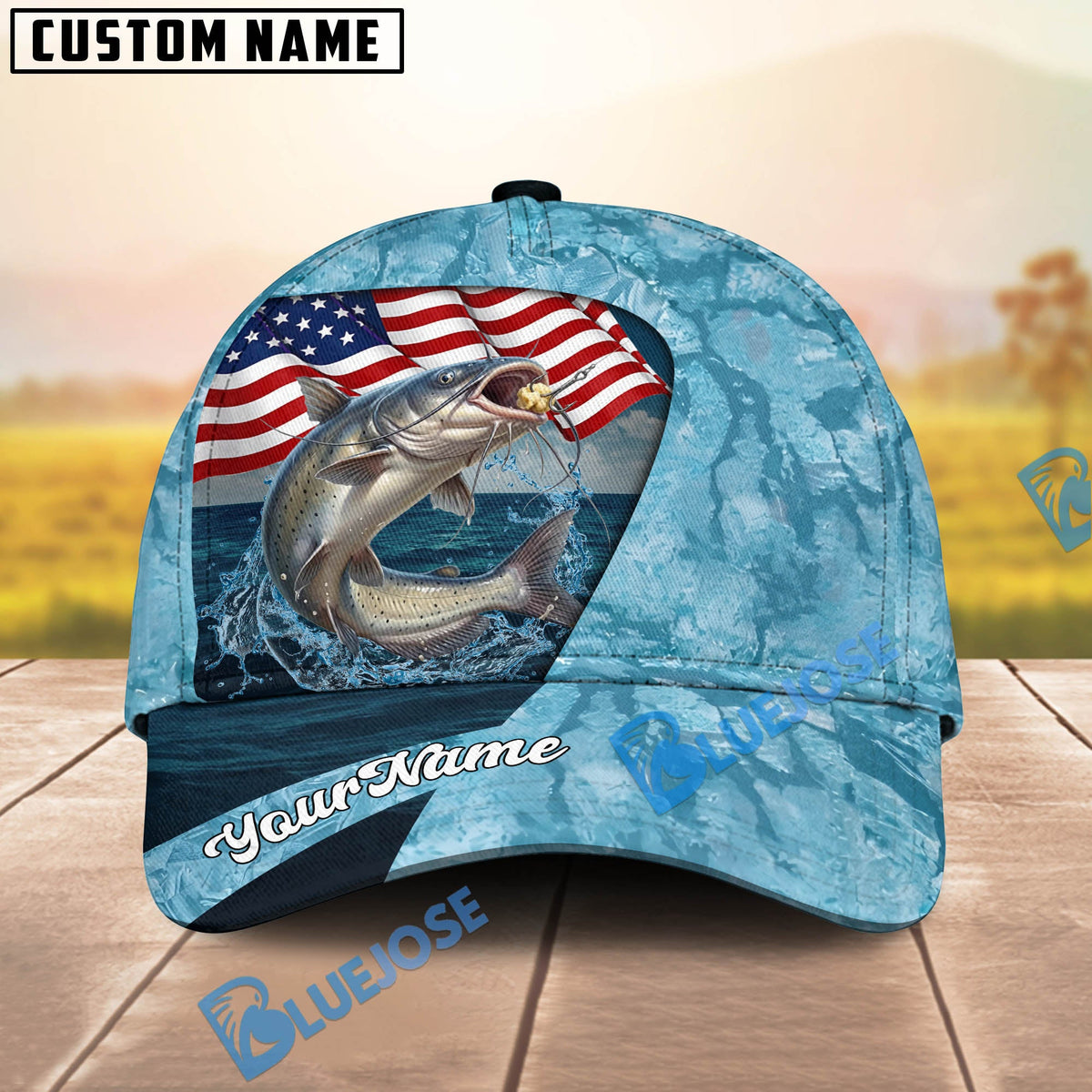 BlueJose Fishing American Flag Light Blue Ocean Design Personalized Cap (13 Breeds)