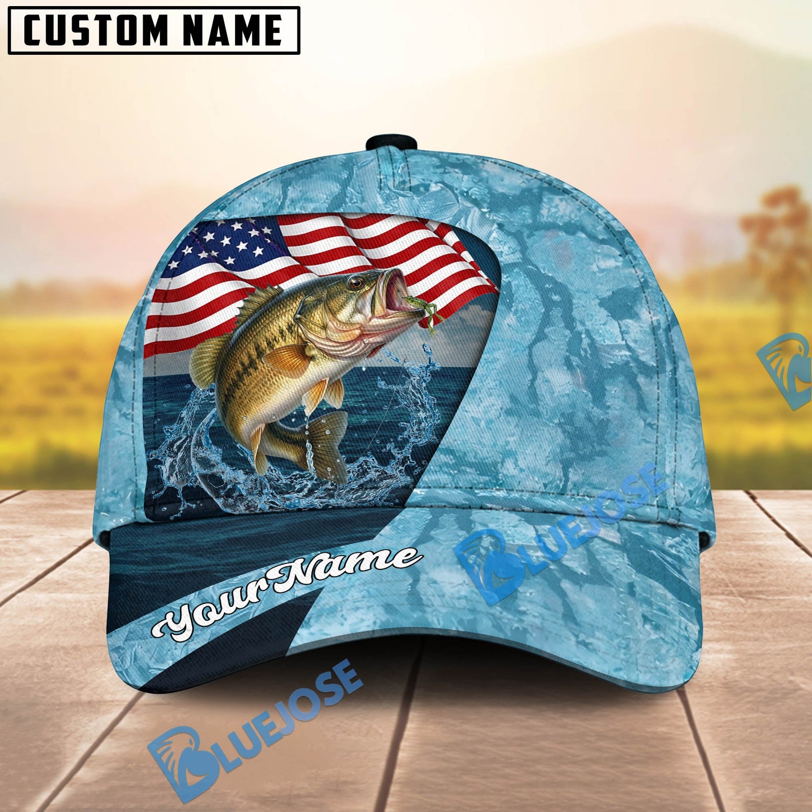 BlueJose Fishing American Flag Light Blue Ocean Design Personalized Cap (13 Breeds)