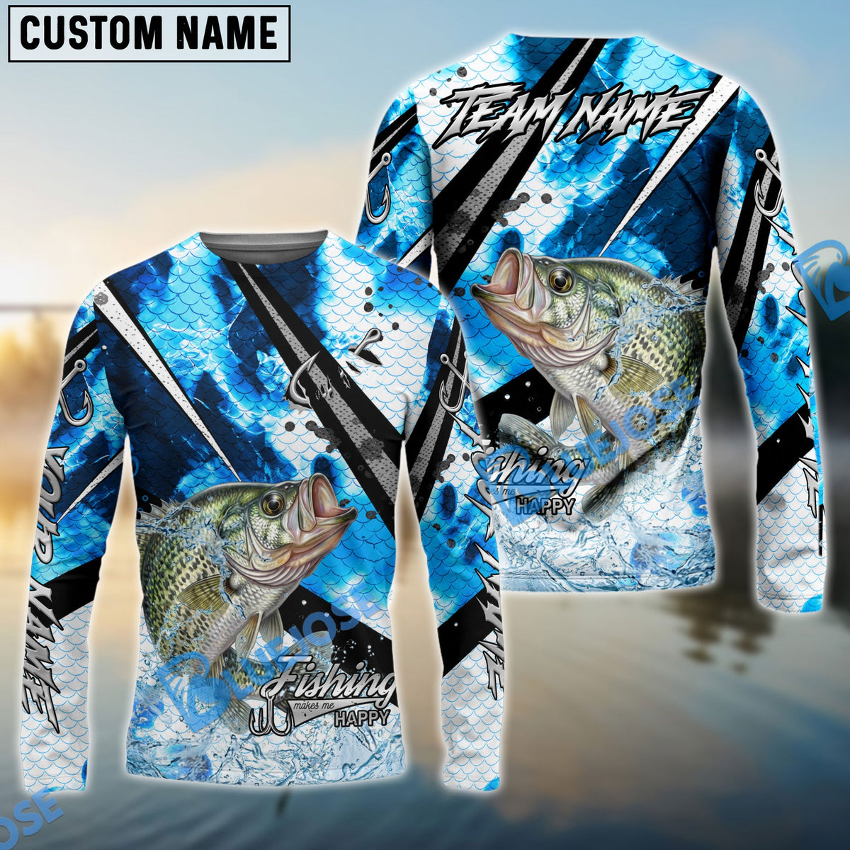 Bluejose Crappie Fishing Blue Scale Splash Custom Name &amp; Team Name 3D Shirts