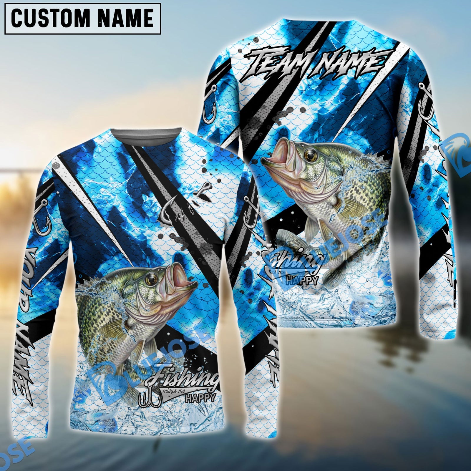 Bluejose Crappie Fishing Blue Scale Splash Custom Name & Team Name 3D Shirts