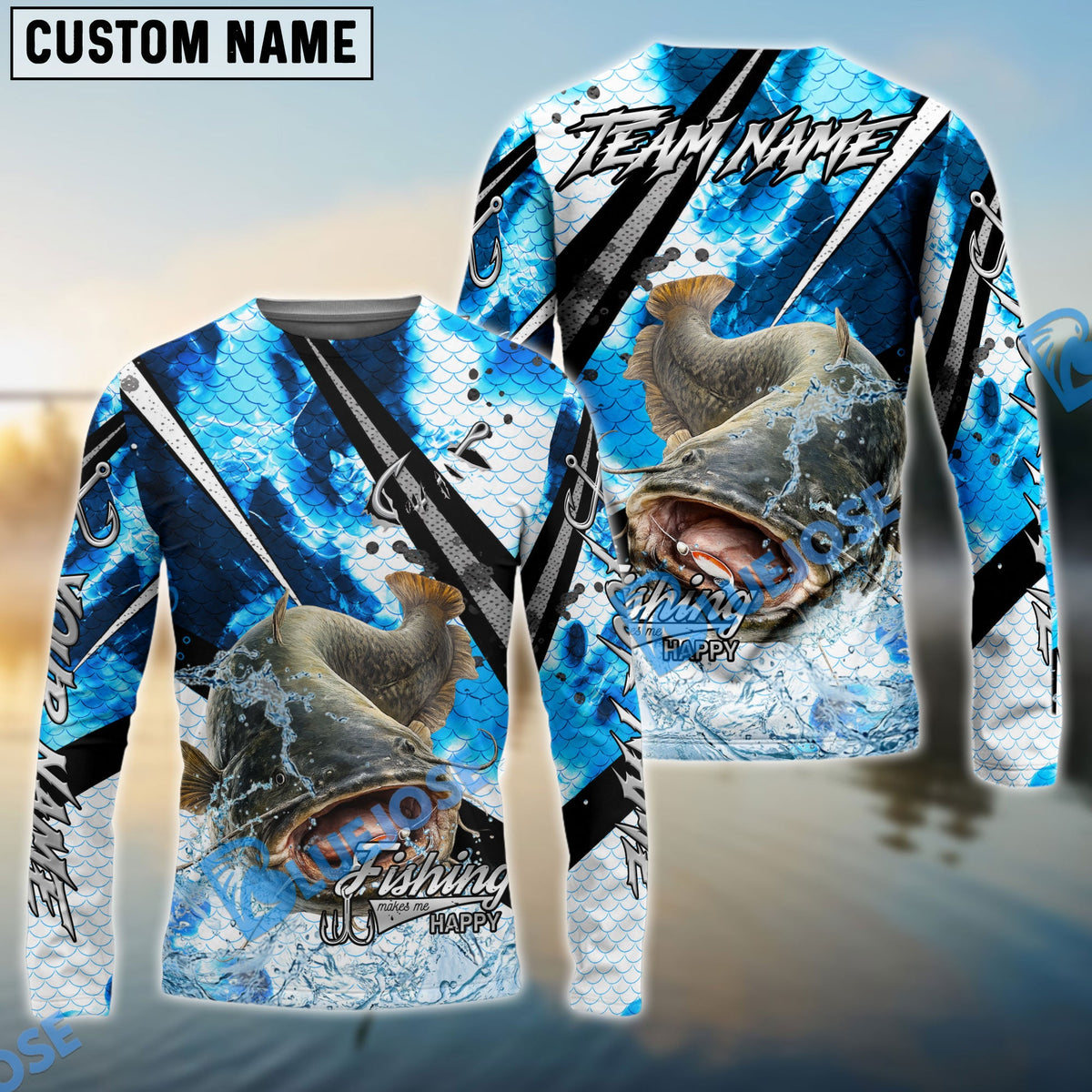 Bluejose Catfish Fishing Blue Scale Splash Custom Name &amp; Team Name 3D Shirts