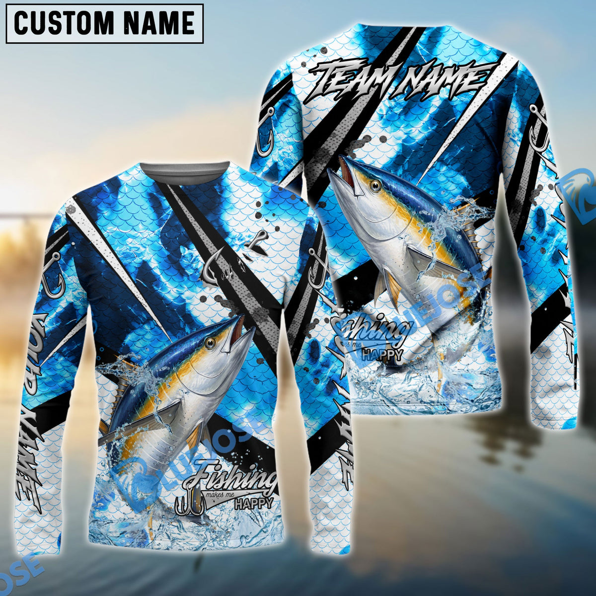 Bluejose Tuna Fishing Blue Scale Splash Custom Name &amp; Team Name 3D Shirts
