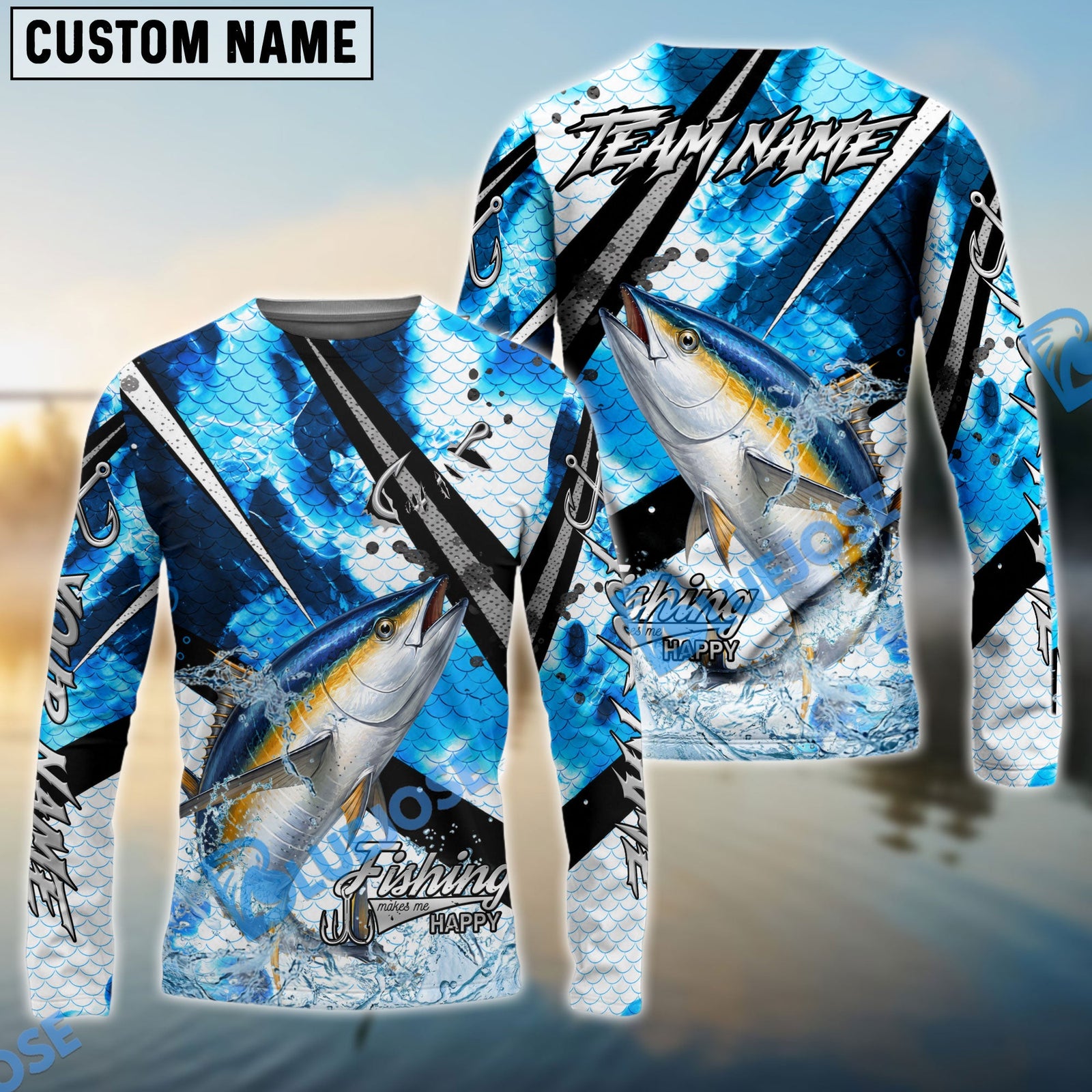 Bluejose Tuna Fishing Blue Scale Splash Custom Name & Team Name 3D Shirts
