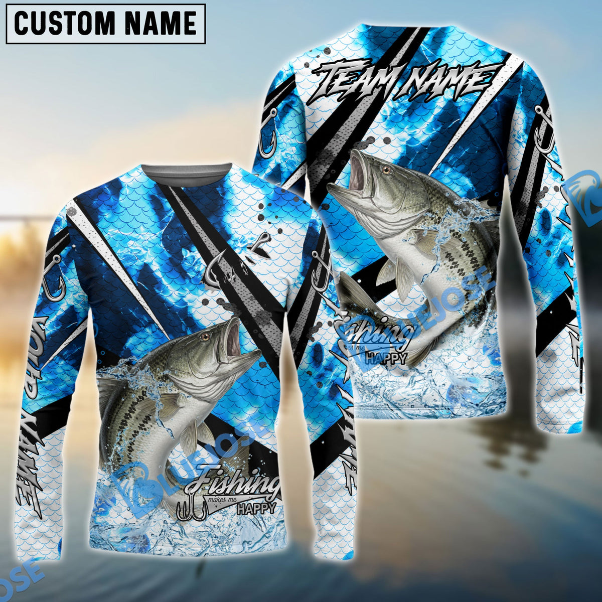 Bluejose Striped Bass Fishing Blue Scale Splash Custom Name &amp; Team Name 3D Shirts