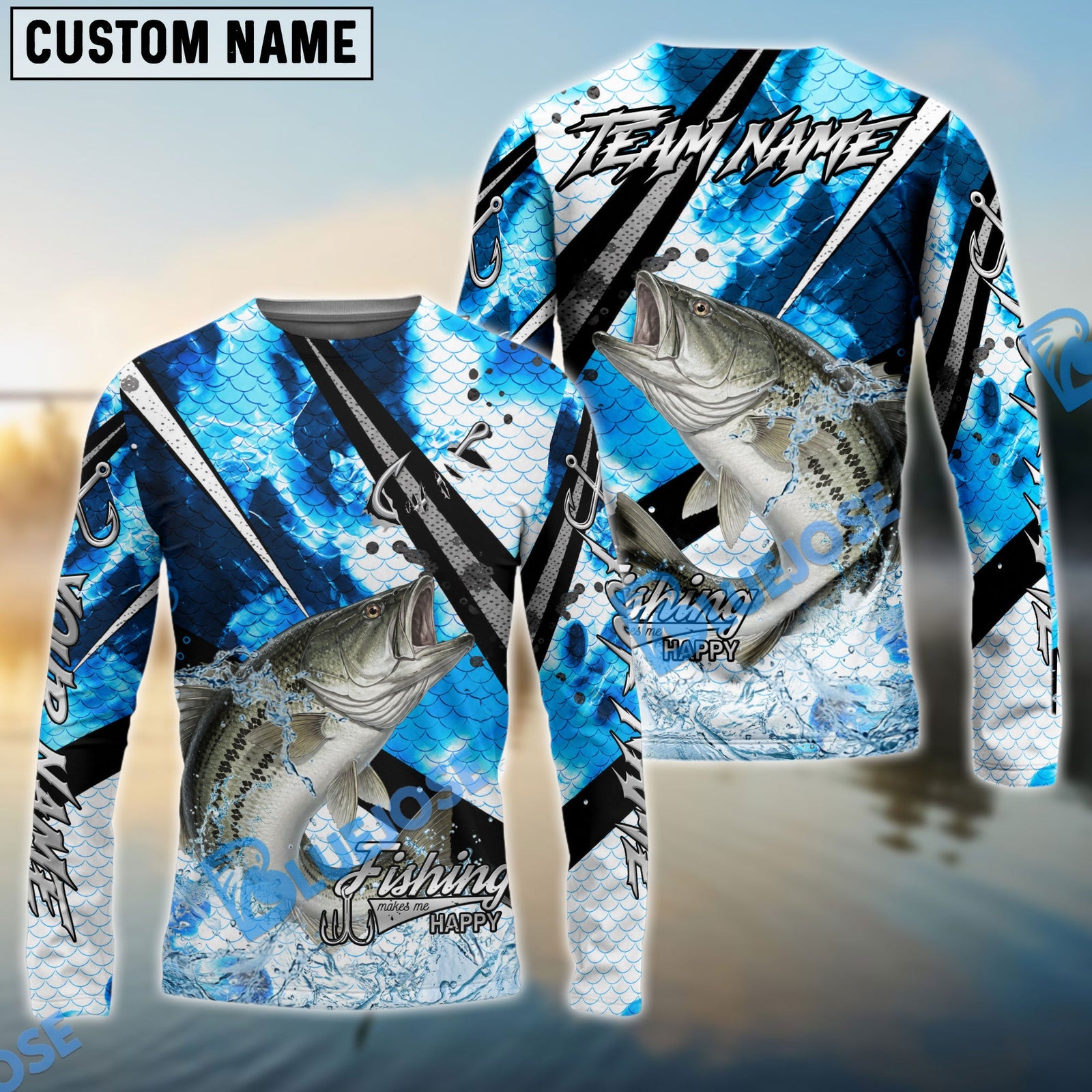 Bluejose Striped Bass Fishing Blue Scale Splash Custom Name & Team Name 3D Shirts