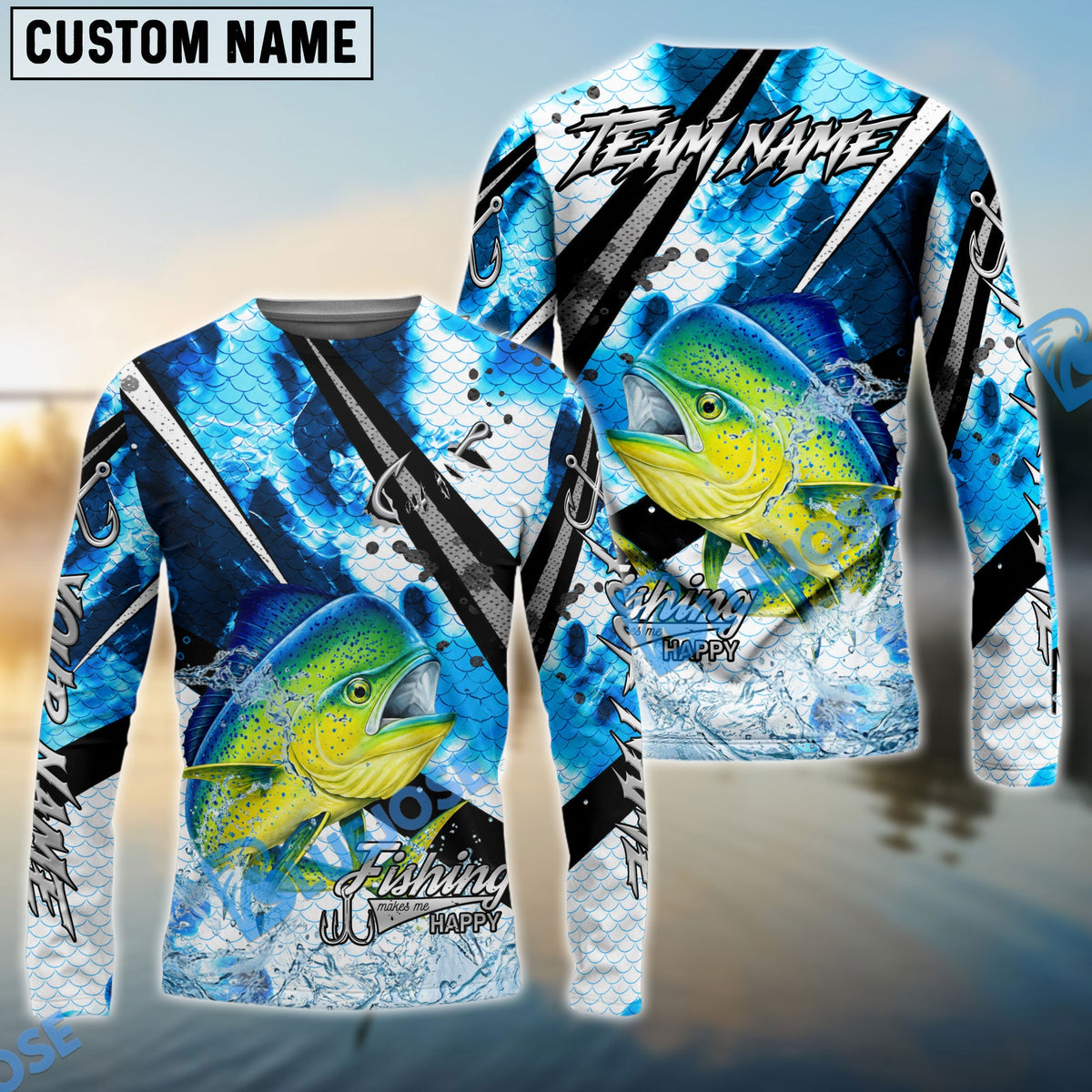 Bluejose Mahi-mahi Fishing Blue Scale Splash Custom Name &amp; Team Name 3D Shirts