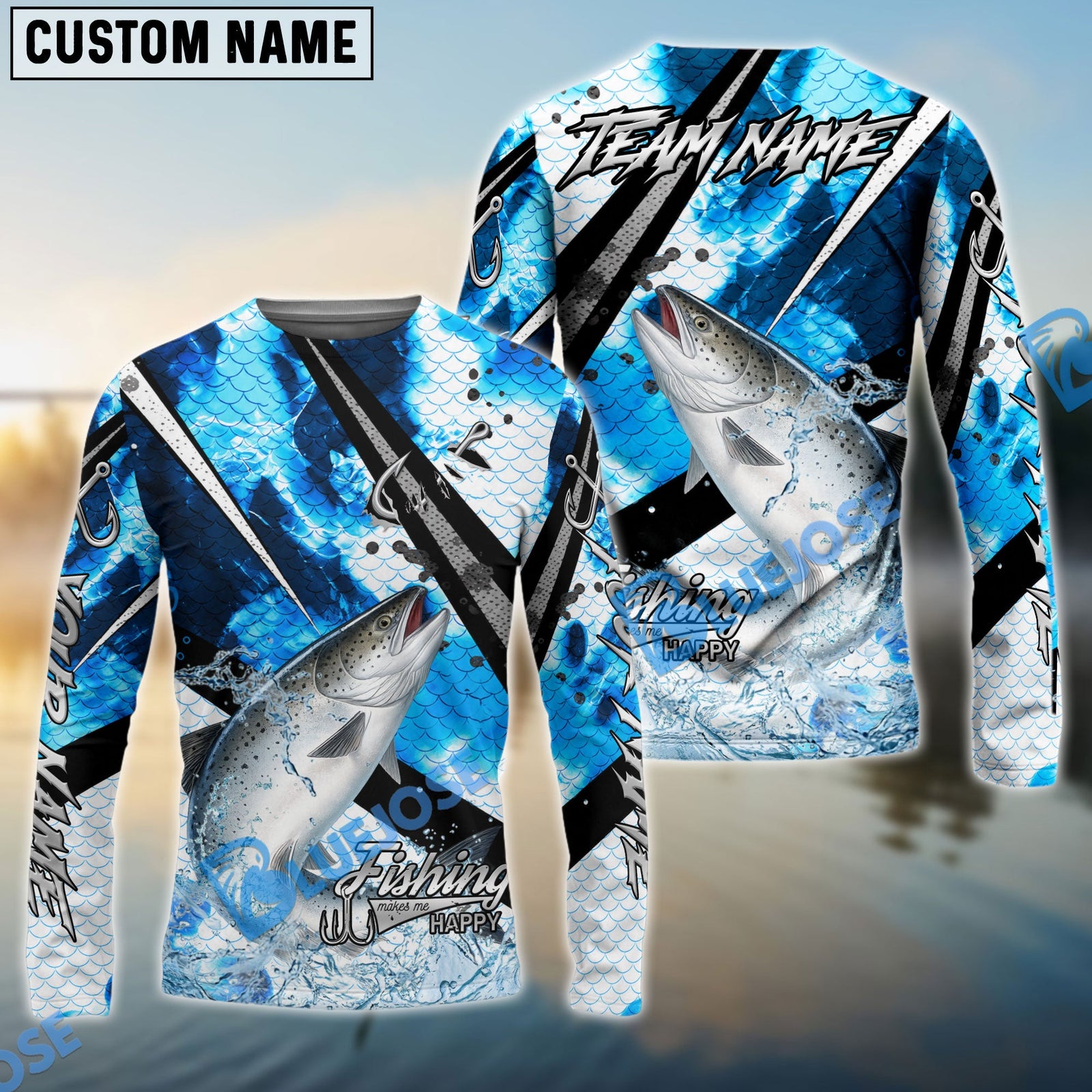 Bluejose Salmon Fishing Blue Scale Splash Custom Name & Team Name 3D Shirts