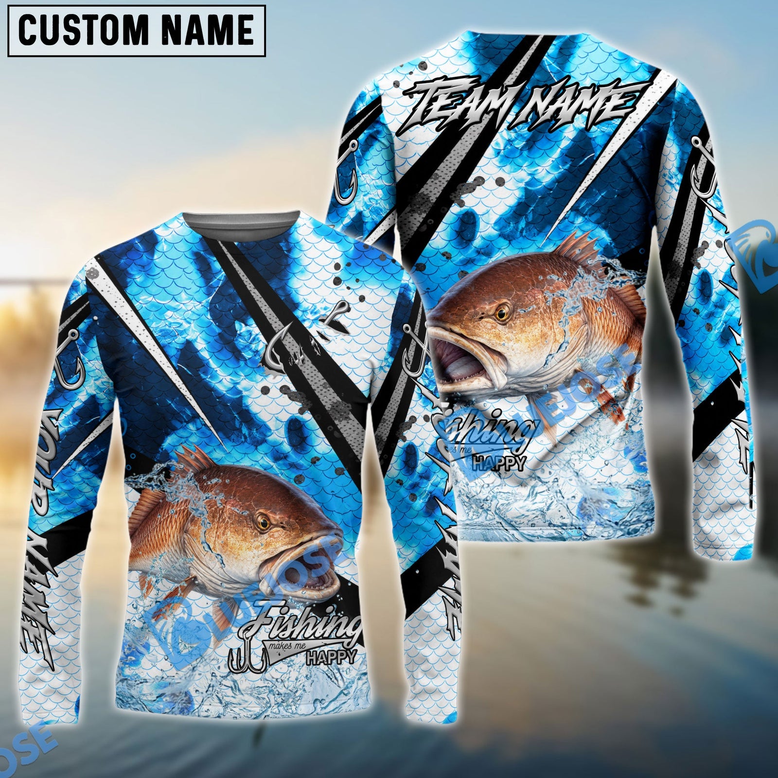 Bluejose Red Fish Fishing Blue Scale Splash Custom Name & Team Name 3D Shirts