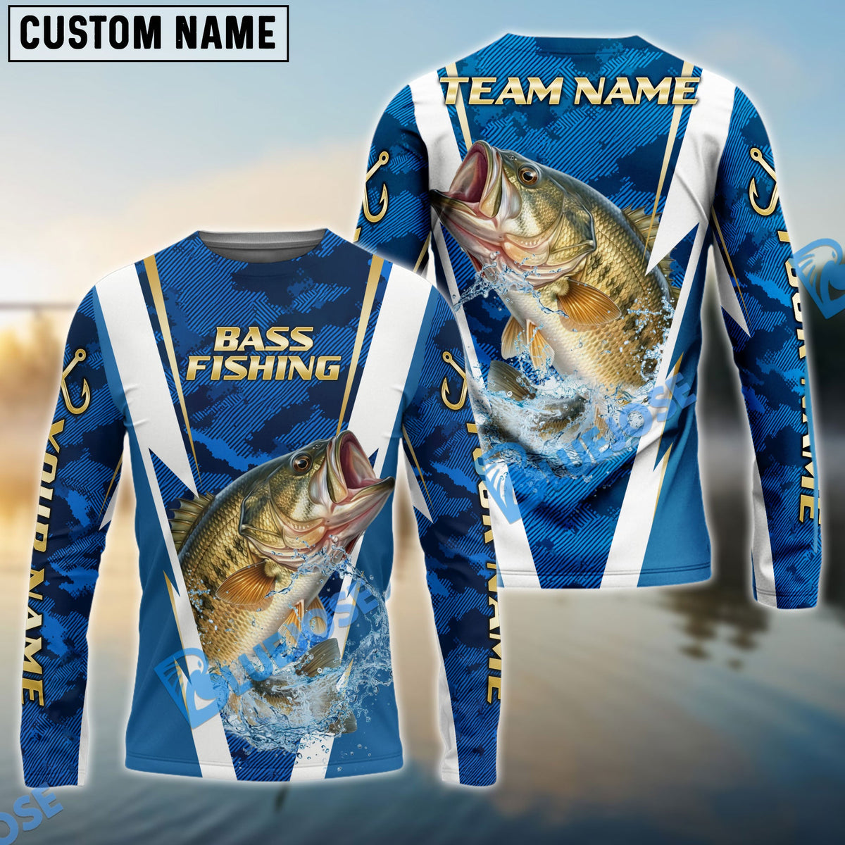 Bluejose Bass Fishing Blue Camo Performance Custom Name &amp; Team Name 3D Shirts