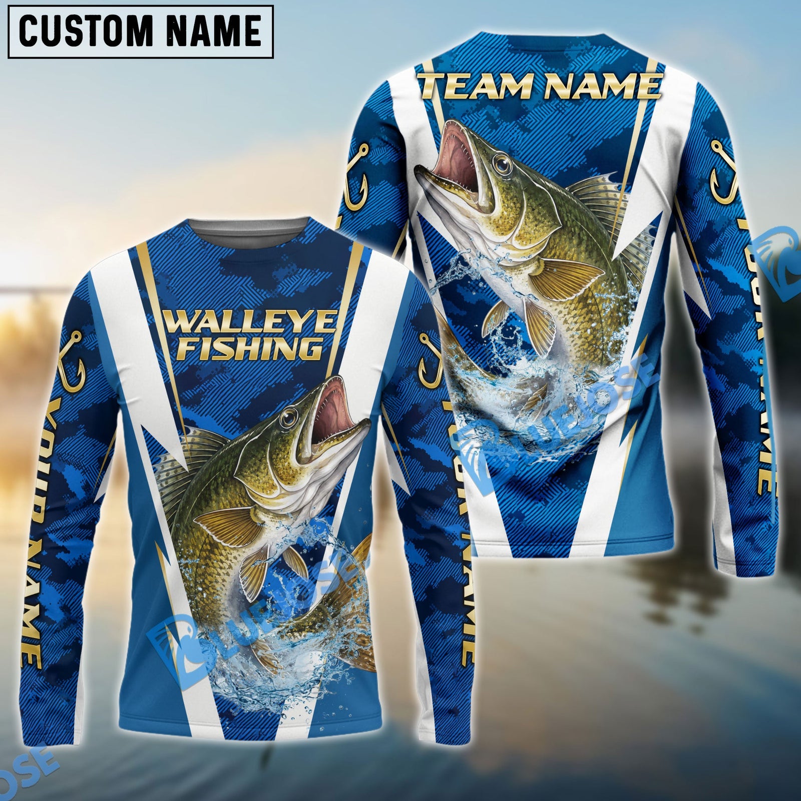 Bluejose Walleye Fishing Blue Camo Performance Custom Name & Team Name 3D Shirts