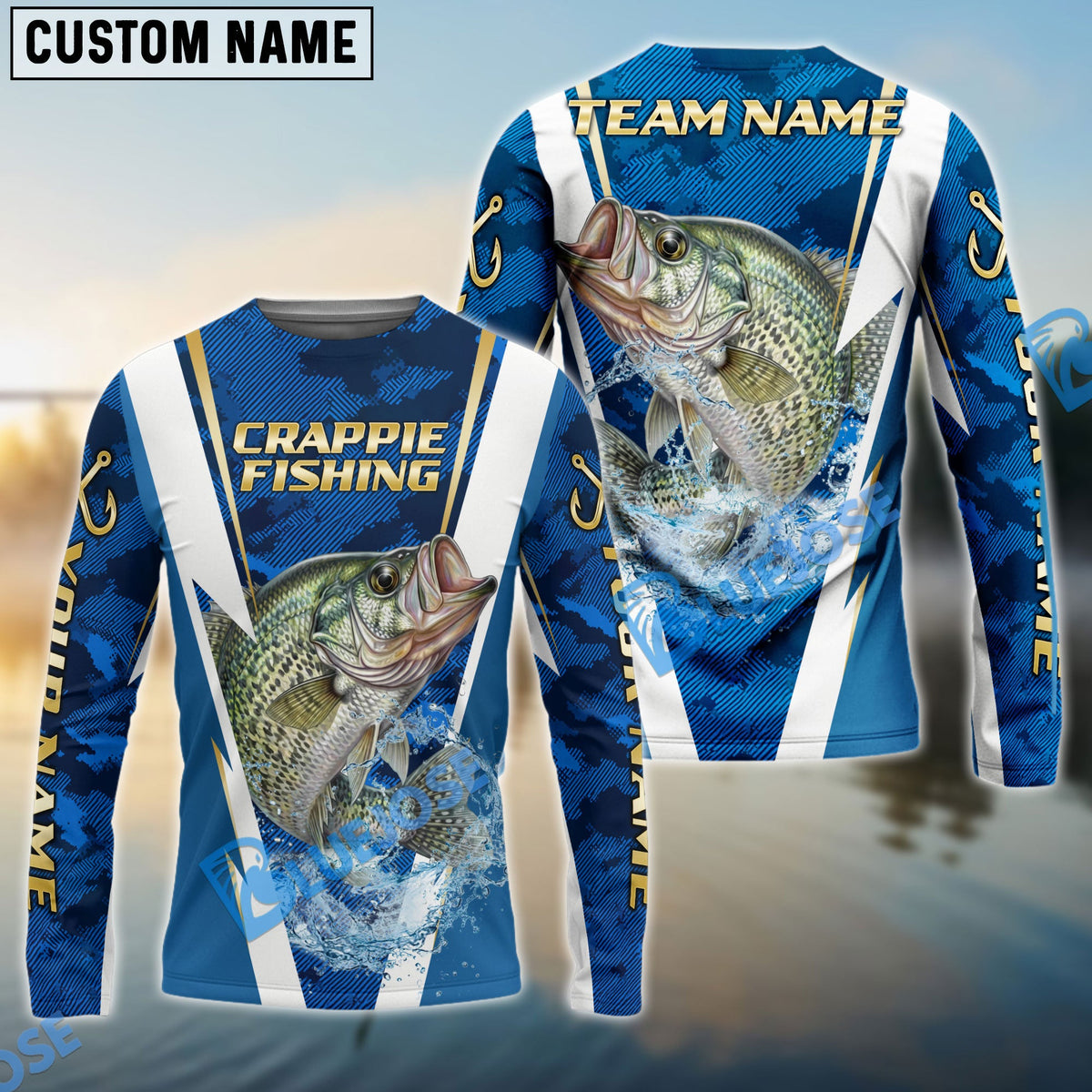 Bluejose Crappie Fishing Blue Camo Performance Custom Name &amp; Team Name 3D Shirts