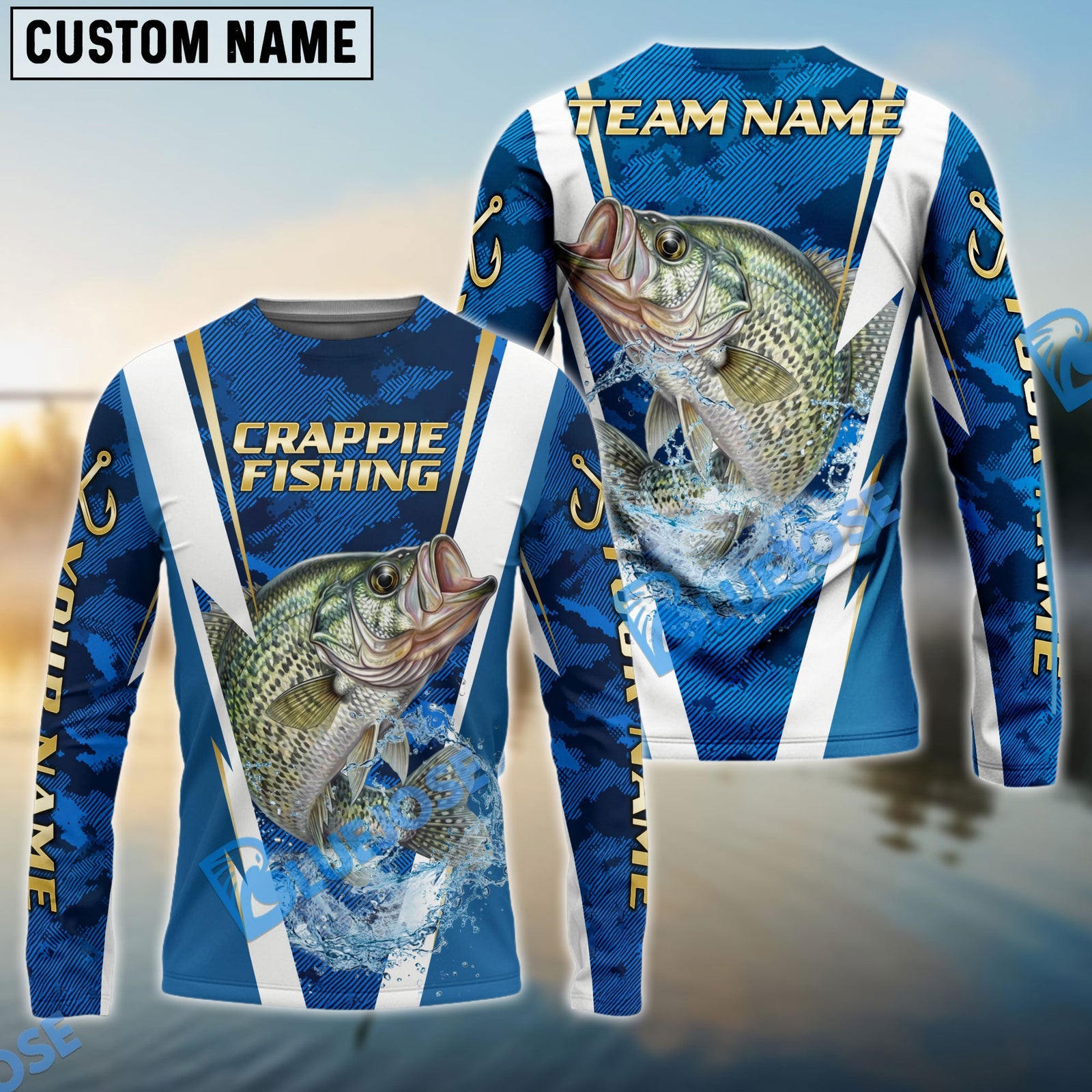 Bluejose Crappie Fishing Blue Camo Performance Custom Name & Team Name 3D Shirts