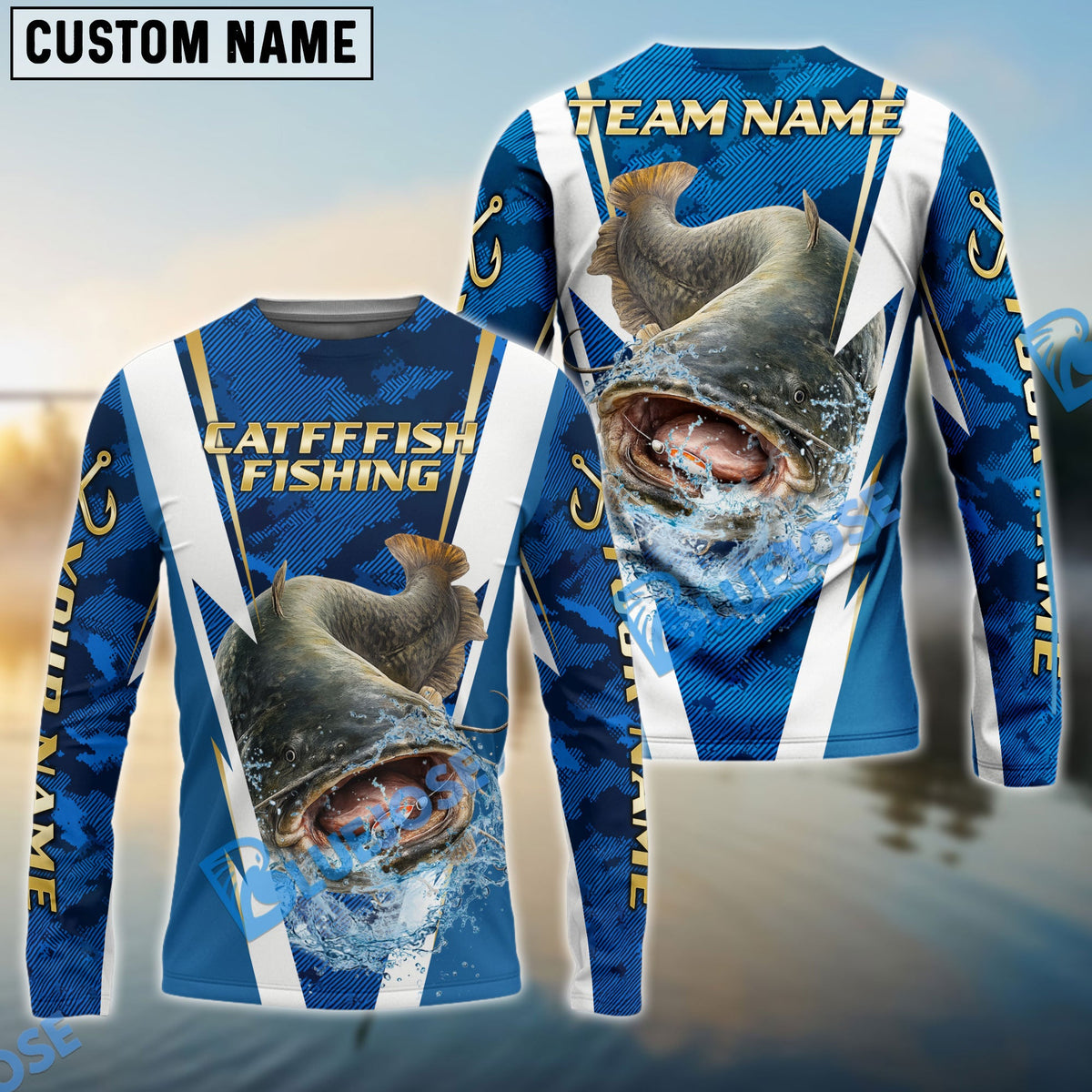 Bluejose Catfish Fishing Blue Camo Performance Custom Name &amp; Team Name 3D Shirts