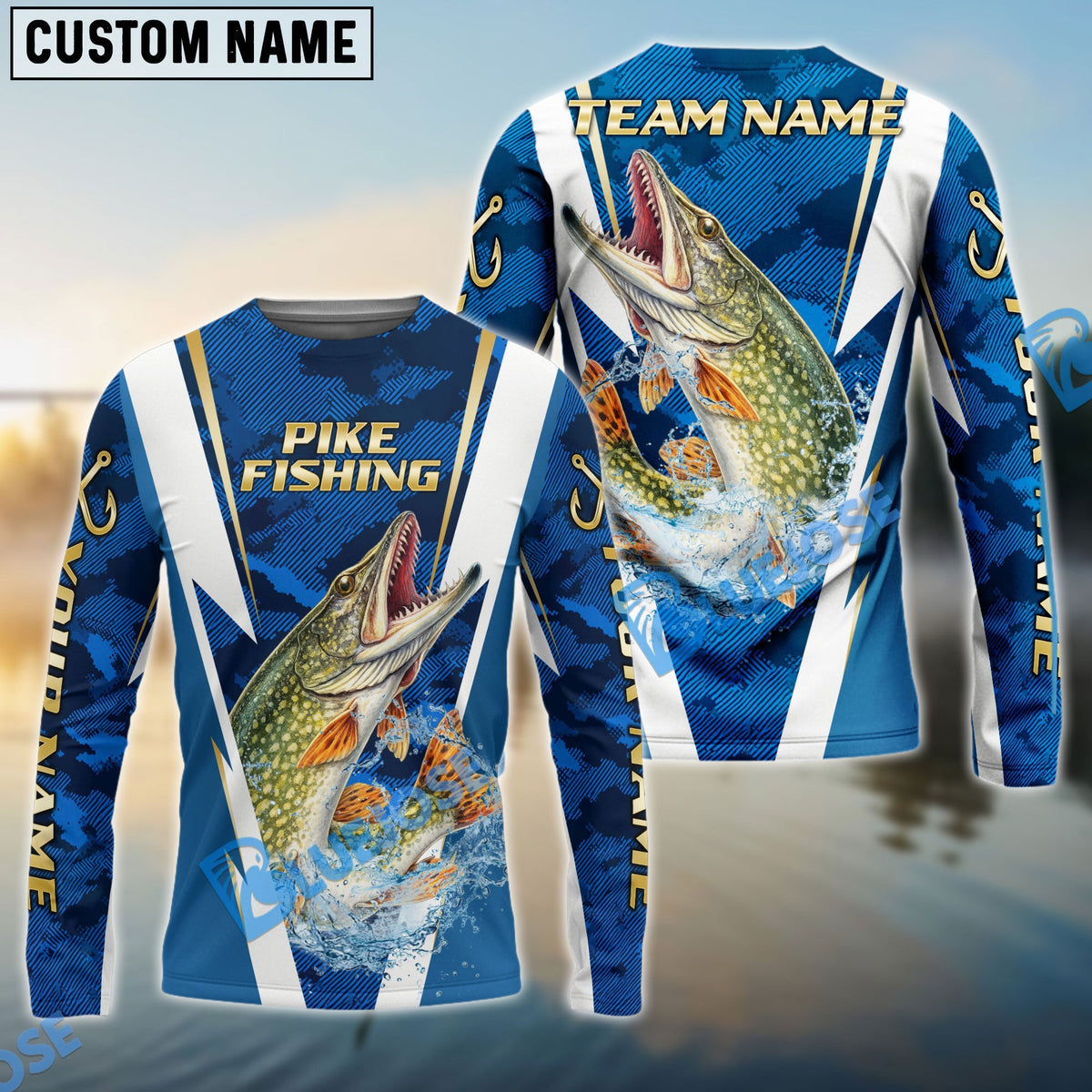 Bluejose Pike Fishing Blue Camo Performance Custom Name &amp; Team Name 3D Shirts