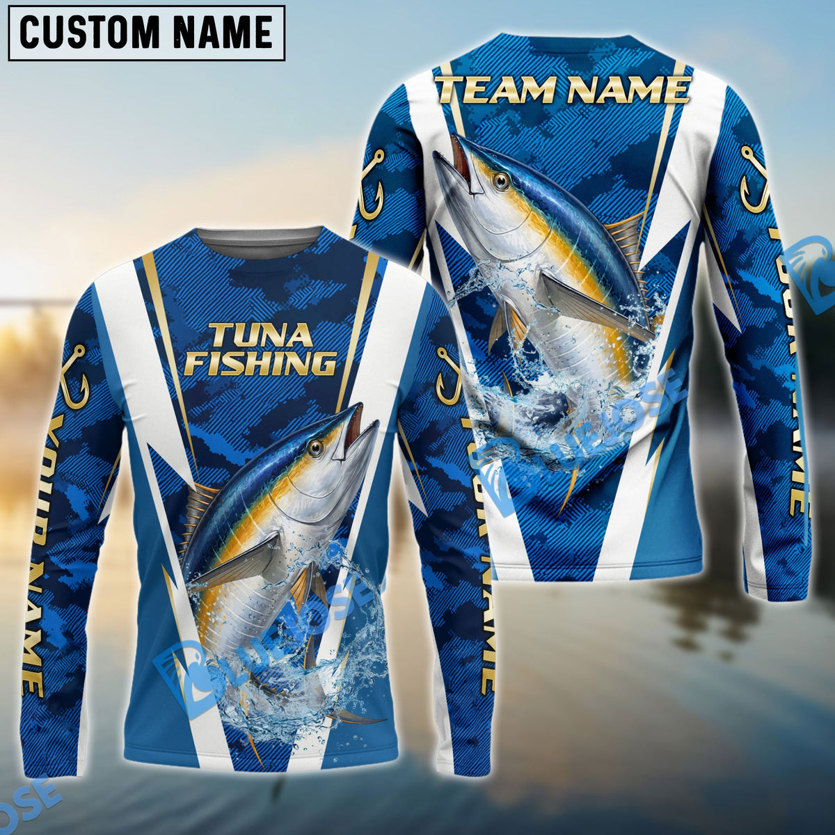 Bluejose Tuna Fishing Blue Camo Performance Custom Name &amp; Team Name 3D Shirts