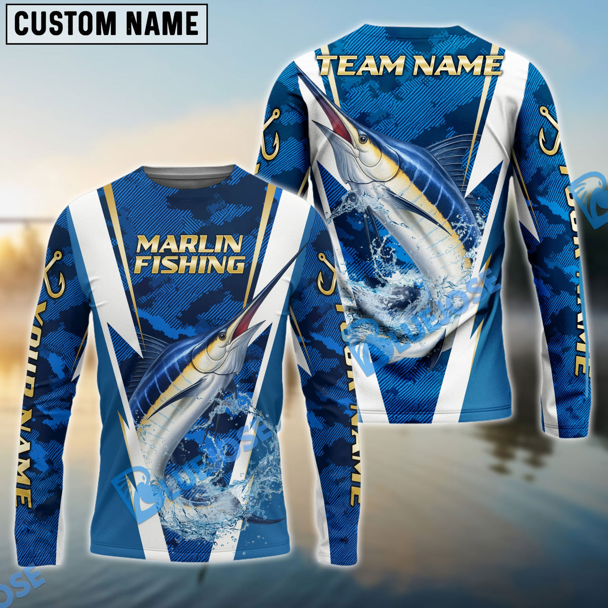 Bluejose Marlin Fishing Blue Camo Performance Custom Name &amp; Team Name 3D Shirts