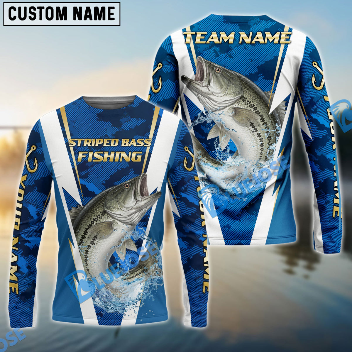 Bluejose Striped Bass Fishing Blue Camo Performance Custom Name &amp; Team Name 3D Shirts