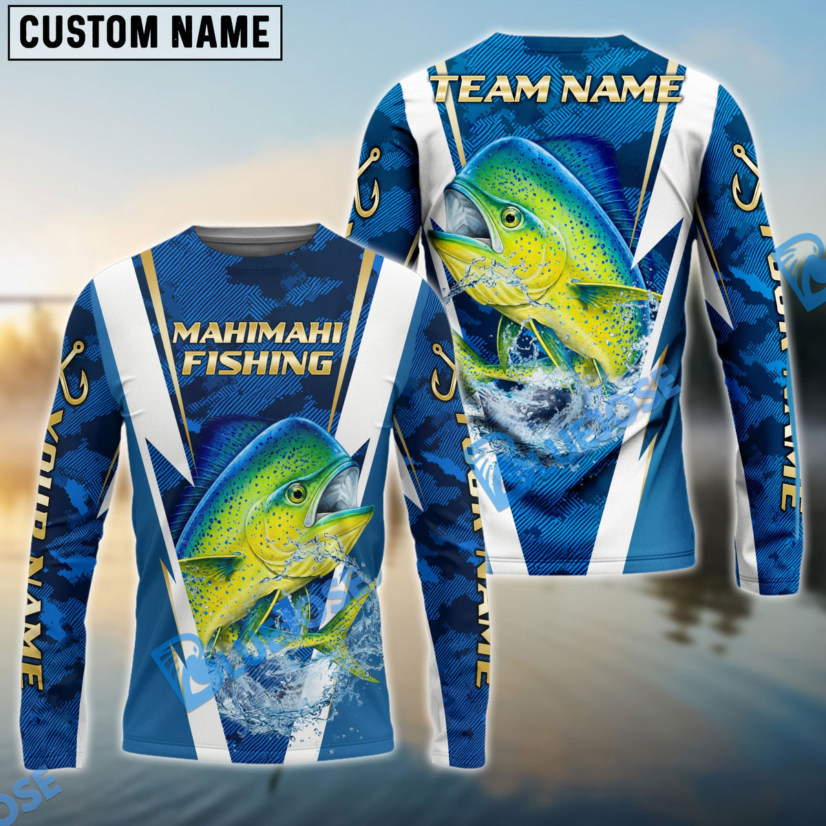 Bluejose Mahi-mahi Fishing Blue Camo Performance Custom Name &amp; Team Name 3D Shirts