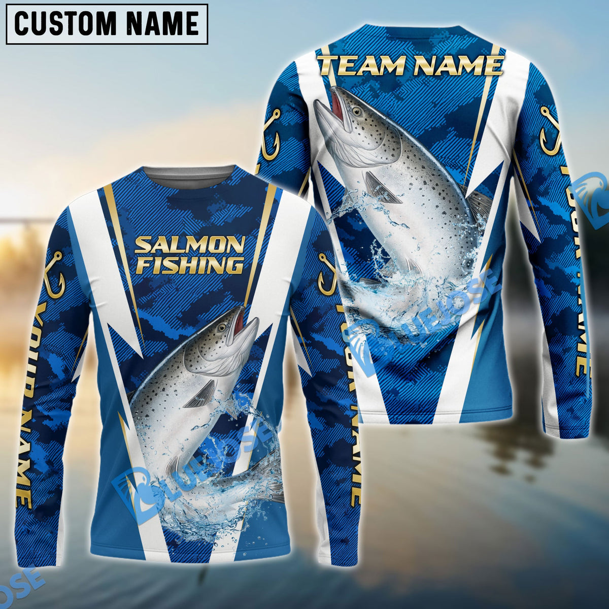 Bluejose Salmon Fishing Blue Camo Performance Custom Name &amp; Team Name 3D Shirts