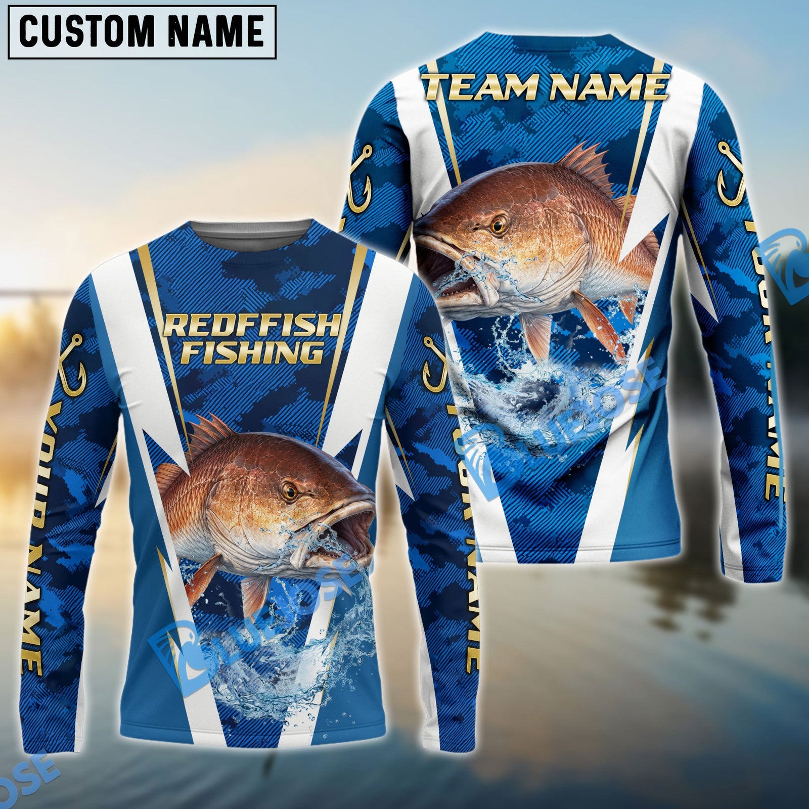 Bluejose Redfish Fishing Blue Camo Performance Custom Name & Team Name 3D Shirts