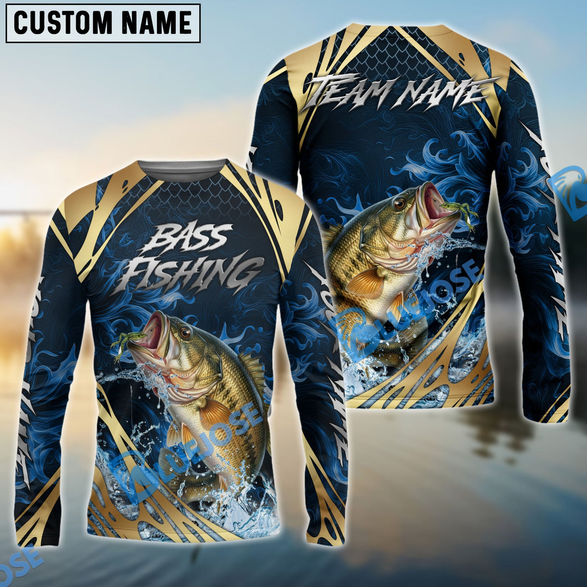 Bluejose Bass Fishing Blue Wave Gold Pattern Design Custom Name &amp; Team Name 3D Shirts