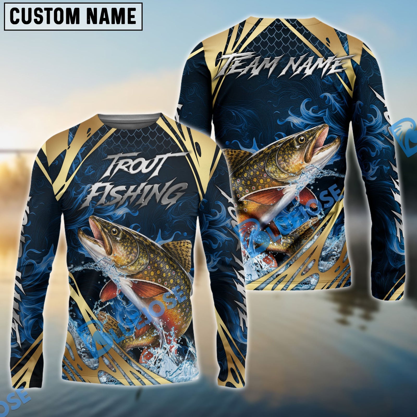 Bluejose Trout Fishing Blue Wave Gold Pattern Design Custom Name & Team Name 3D Shirts