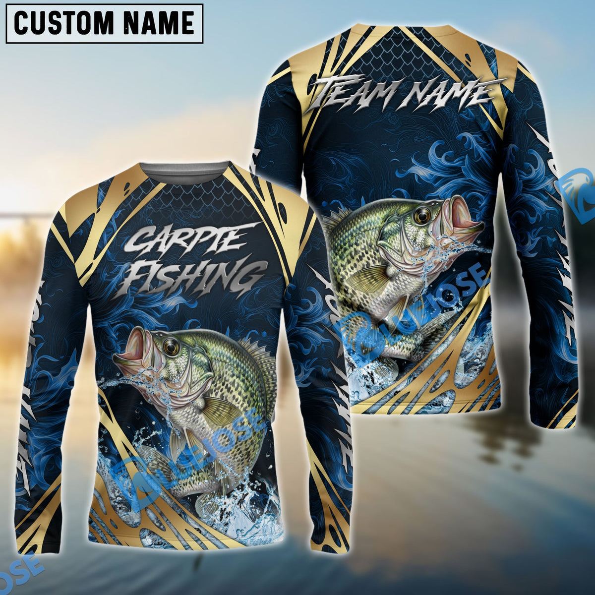 Bluejose Crappie Fishing Blue Wave Gold Pattern Design Custom Name &amp; Team Name 3D Shirts