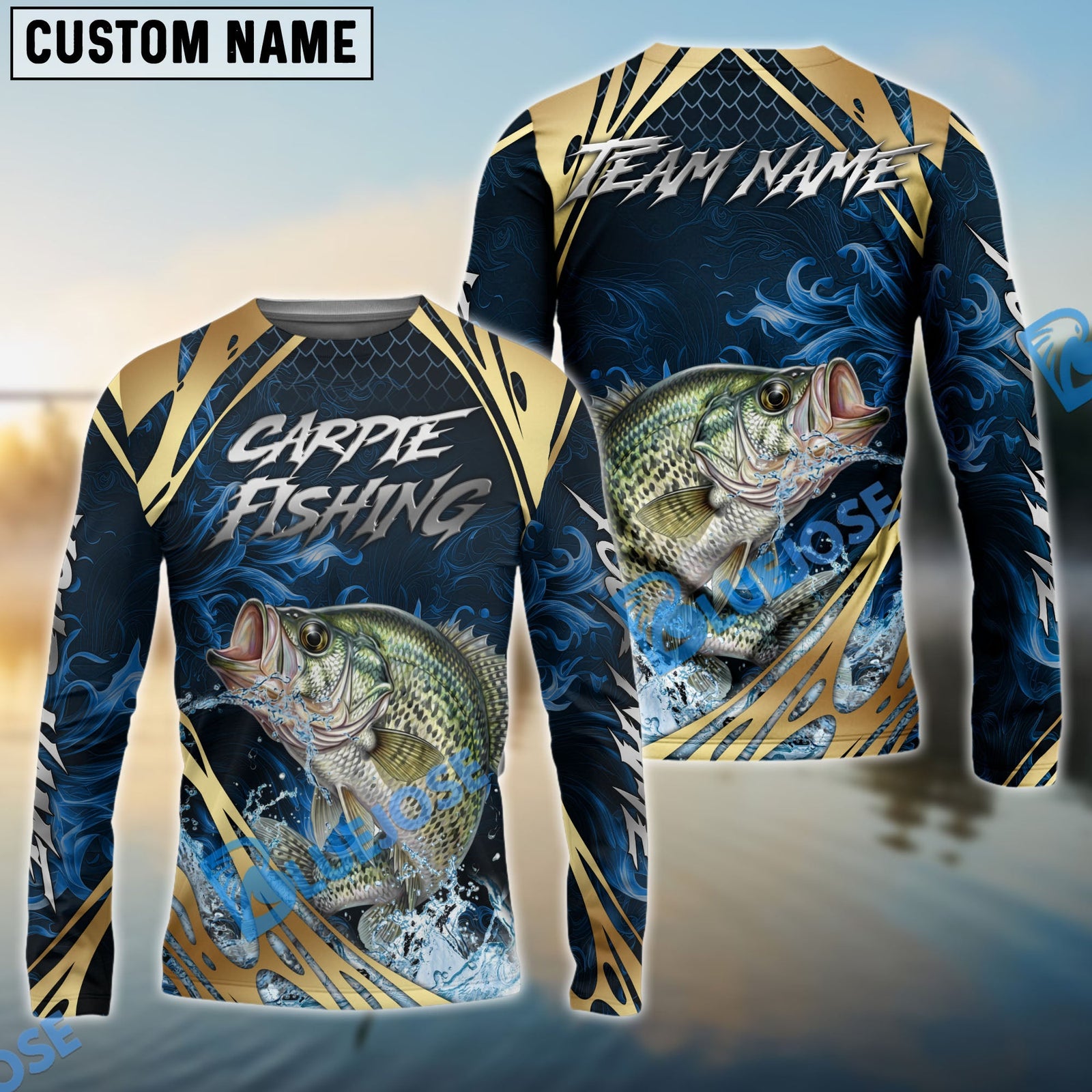 Bluejose Crappie Fishing Blue Wave Gold Pattern Design Custom Name & Team Name 3D Shirts