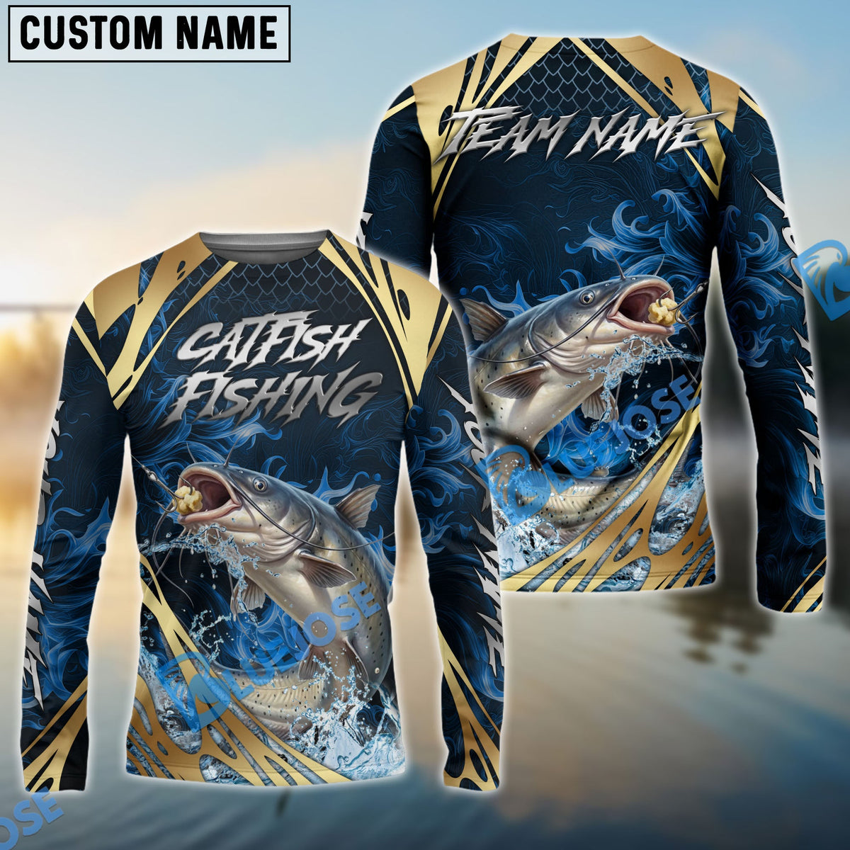 Bluejose Catfish Fishing Blue Wave Gold Pattern Design Custom Name &amp; Team Name 3D Shirts