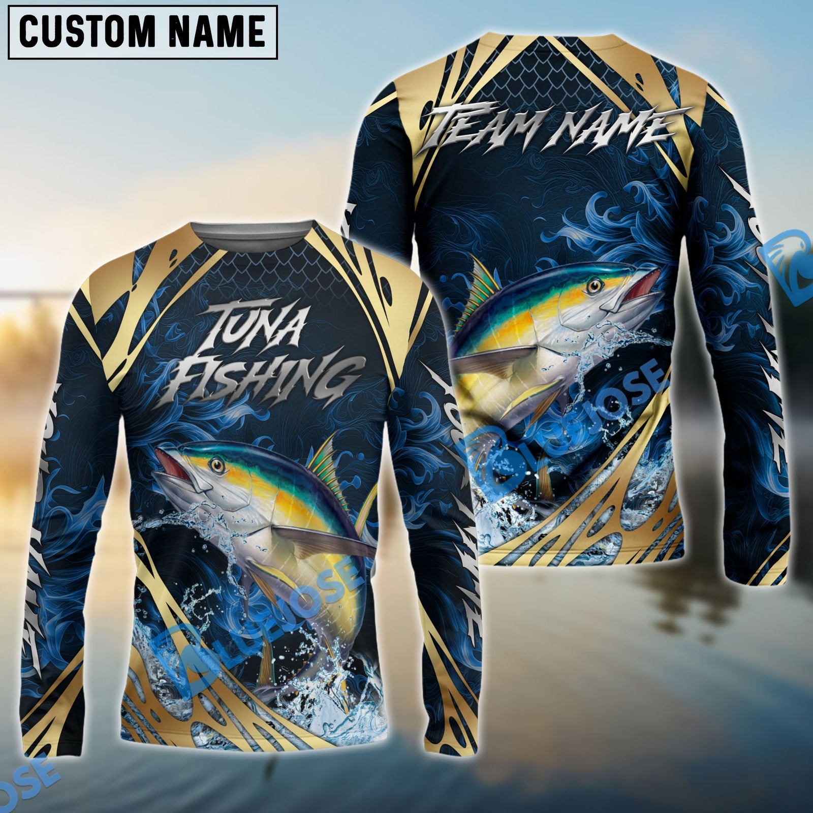 Bluejose Tuna Fishing Blue Wave Gold Pattern Design Custom Name & Team Name 3D Shirts