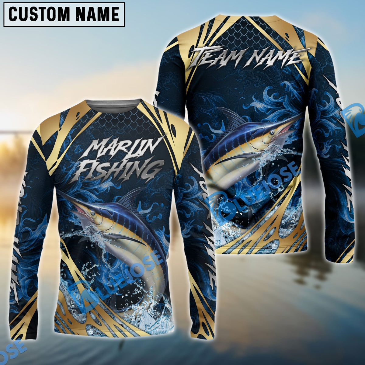 Bluejose Marlin Fishing Blue Wave Gold Pattern Design Custom Name &amp; Team Name 3D Shirts