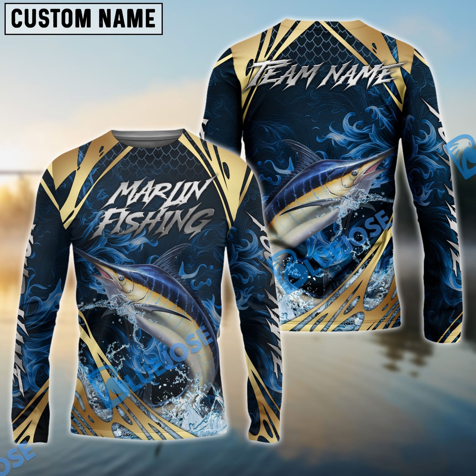 Bluejose Marlin Fishing Blue Wave Gold Pattern Design Custom Name & Team Name 3D Shirts