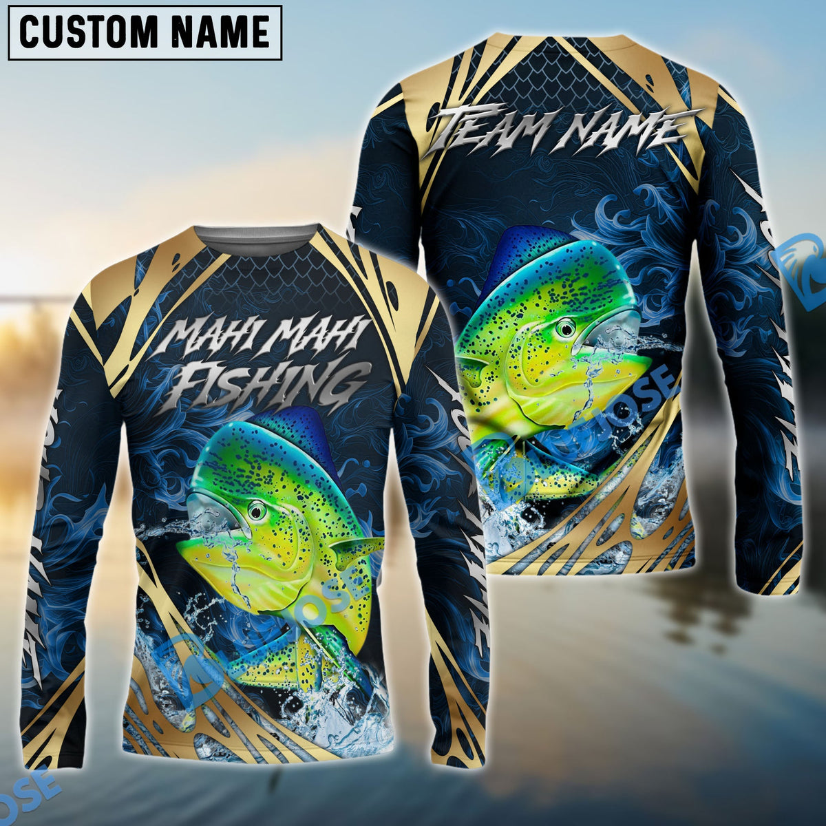 Bluejose Mahi-Mahi Fishing Blue Wave Gold Pattern Design Custom Name &amp; Team Name 3D Shirts