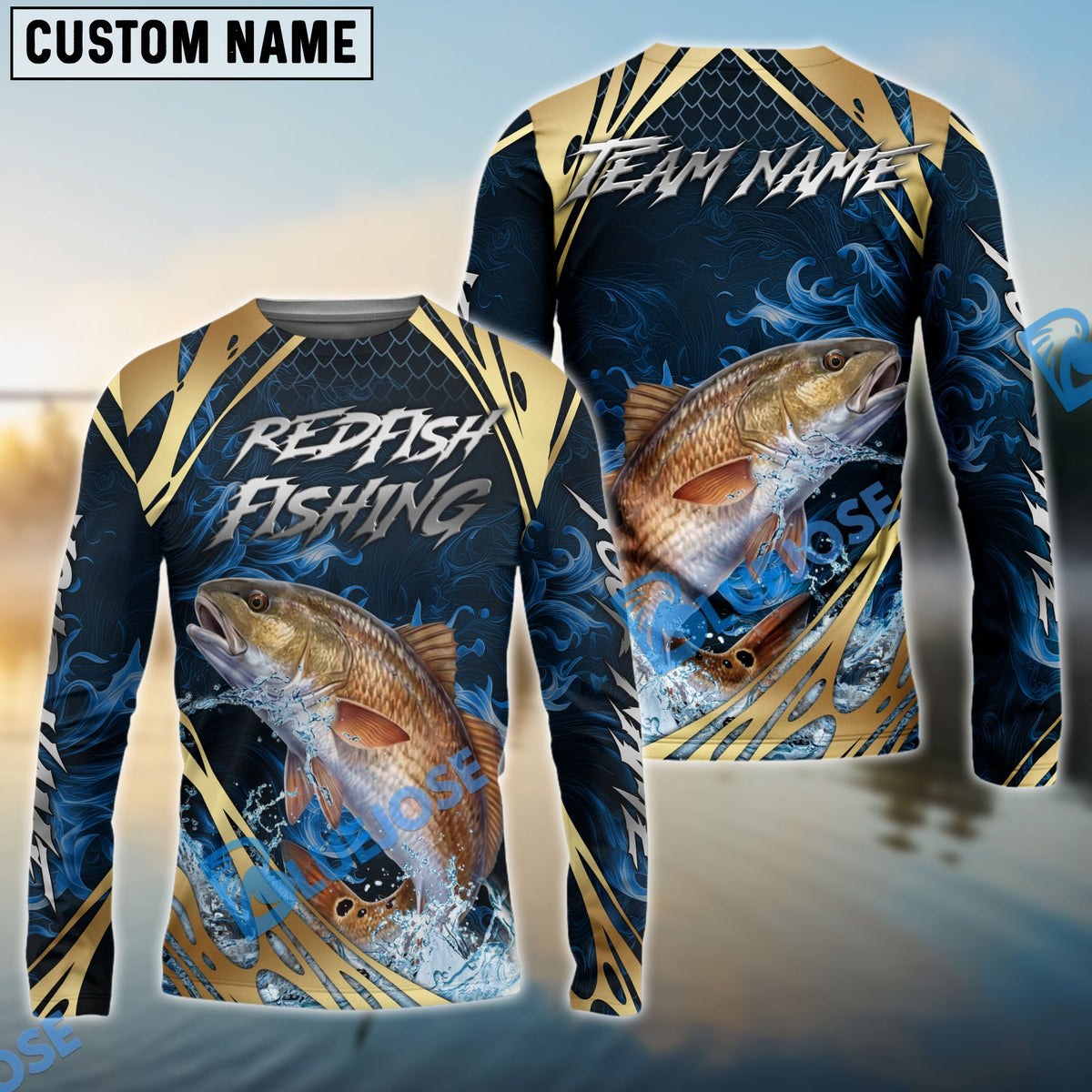 Bluejose Red Fish Fishing Blue Wave Gold Pattern Design Custom Name &amp; Team Name 3D Shirts