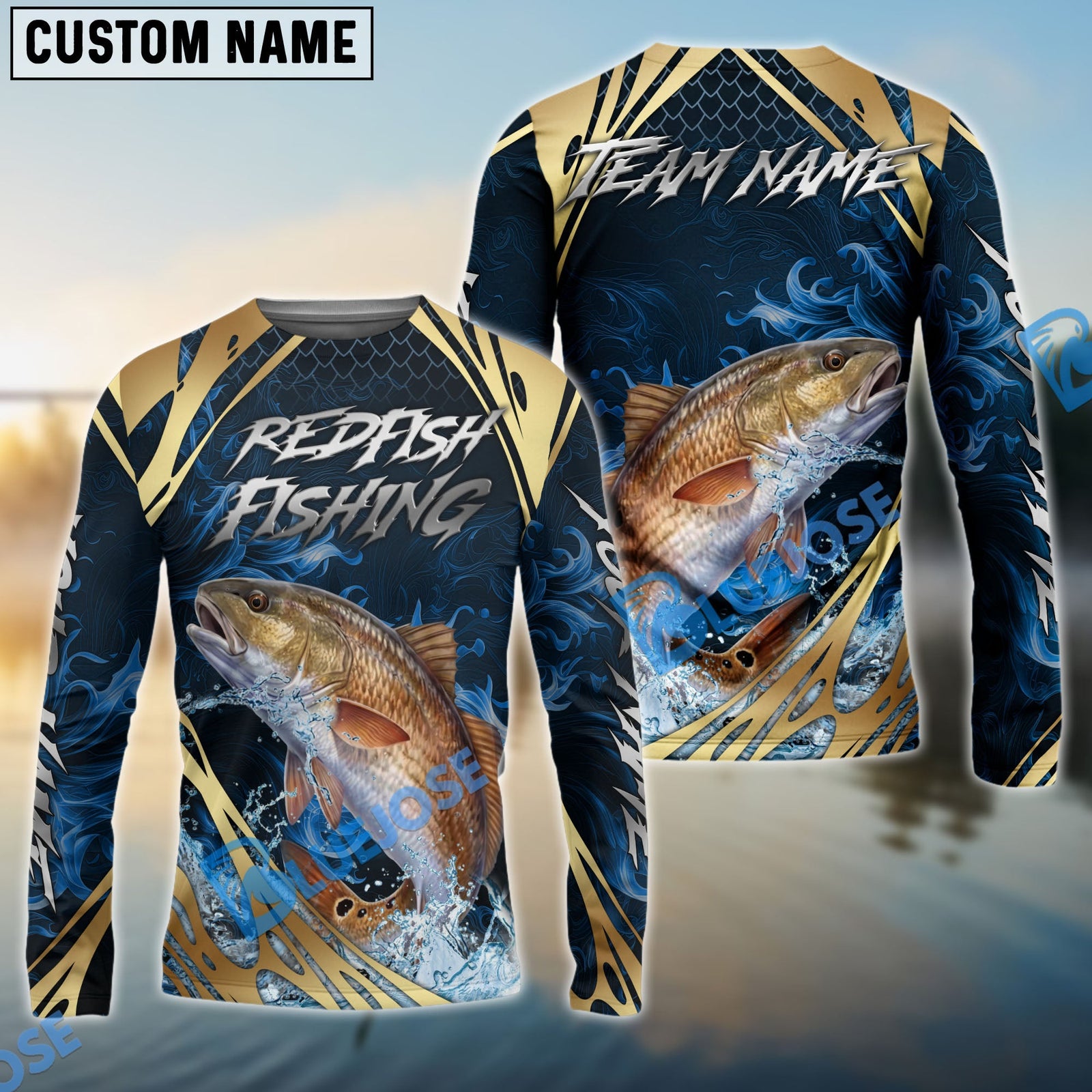 Bluejose Red Fish Fishing Blue Wave Gold Pattern Design Custom Name & Team Name 3D Shirts