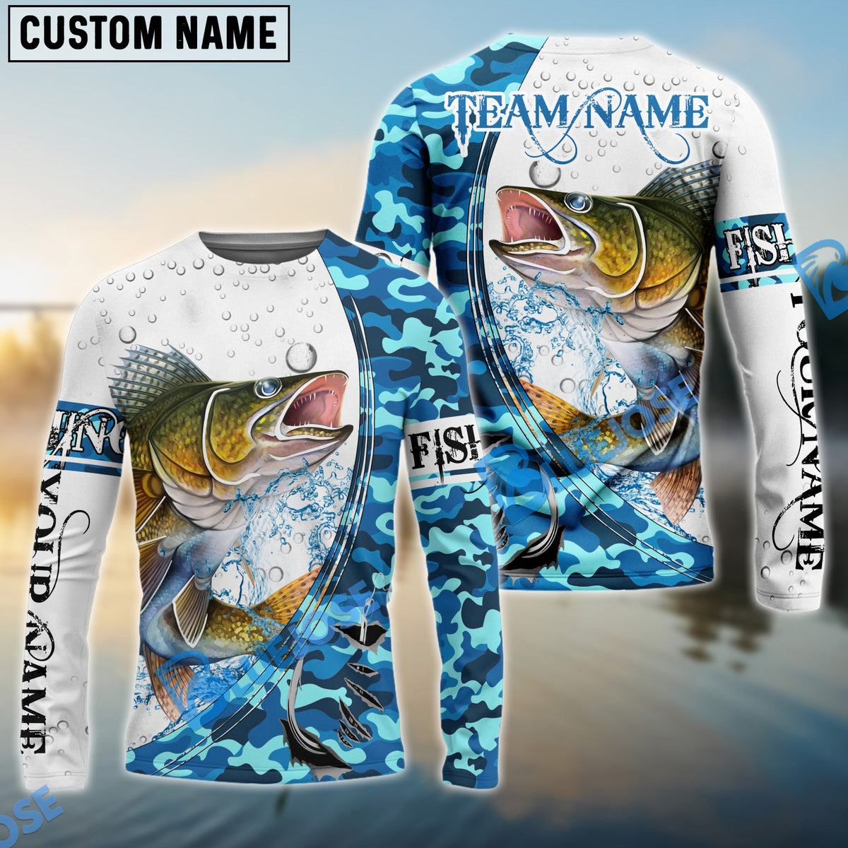Bluejose Walleye Fishing Blue Camouflage Water Splash Custom Name &amp; Team Name 3D Shirts