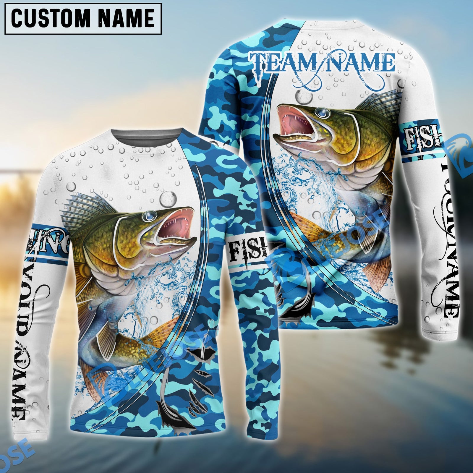 Bluejose Walleye Fishing Blue Camouflage Water Splash Custom Name & Team Name 3D Shirts