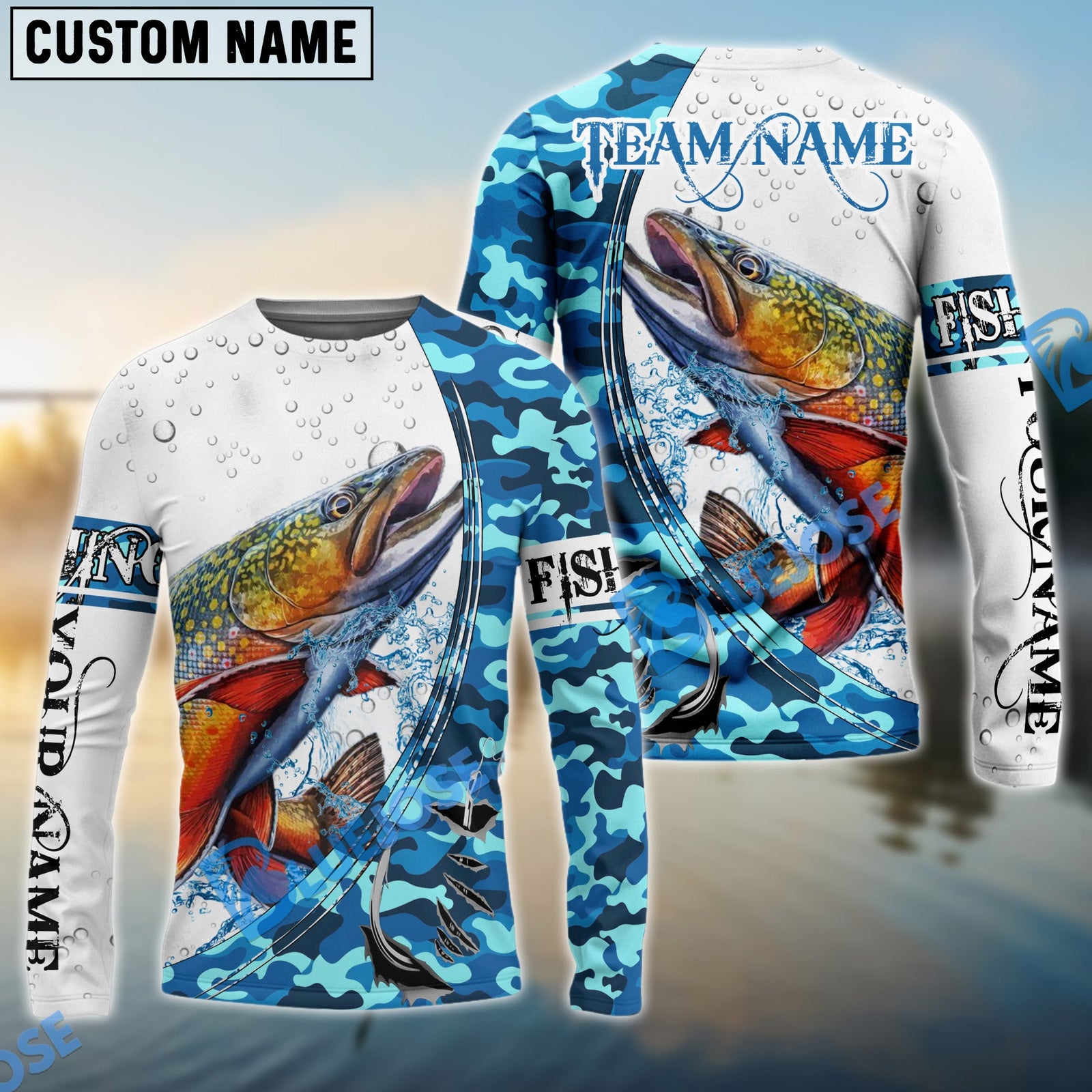 Bluejose Trout Fishing Blue Camouflage Water Splash Custom Name & Team Name 3D Shirts
