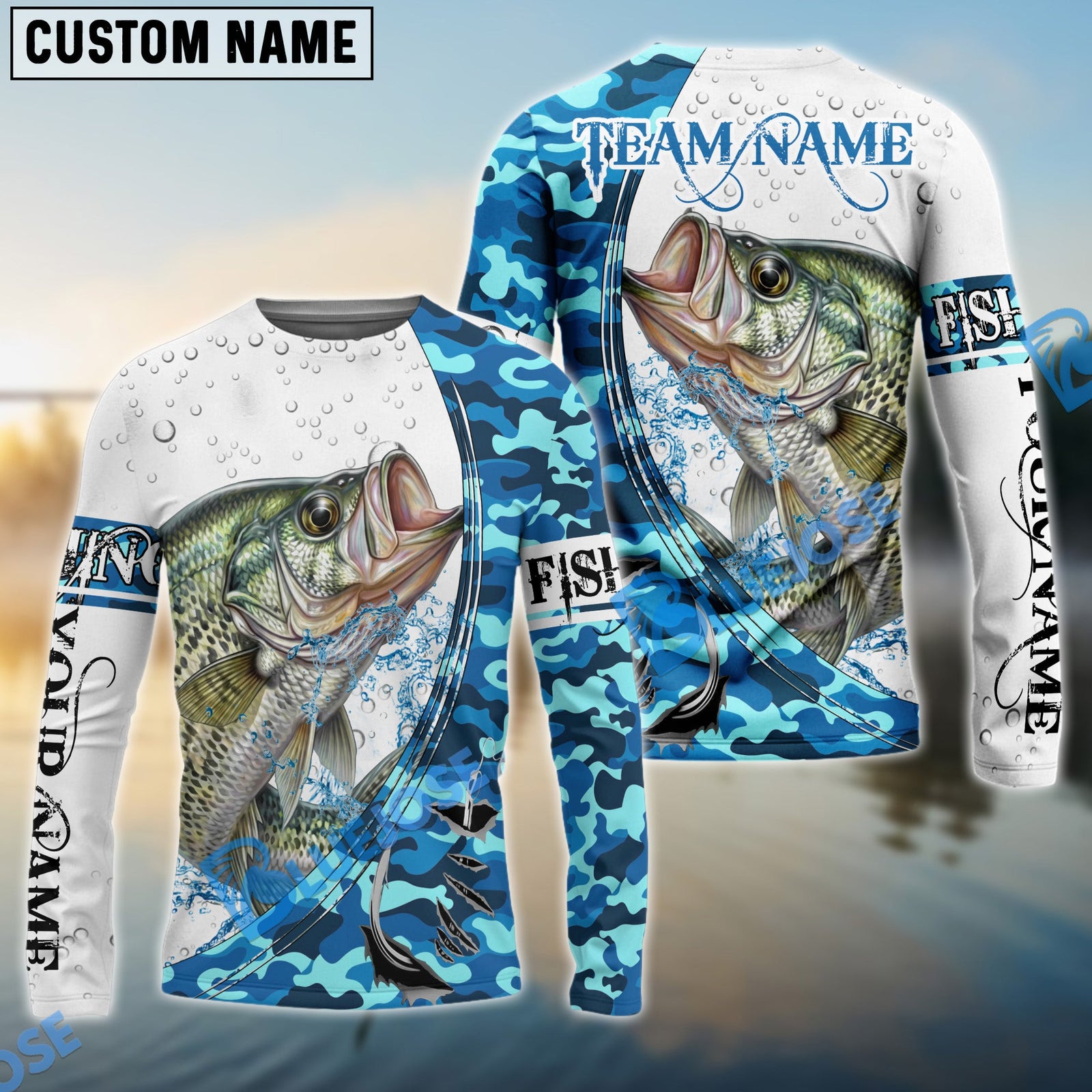Bluejose Crappie Fishing Blue Camouflage Water Splash Custom Name & Team Name 3D Shirts