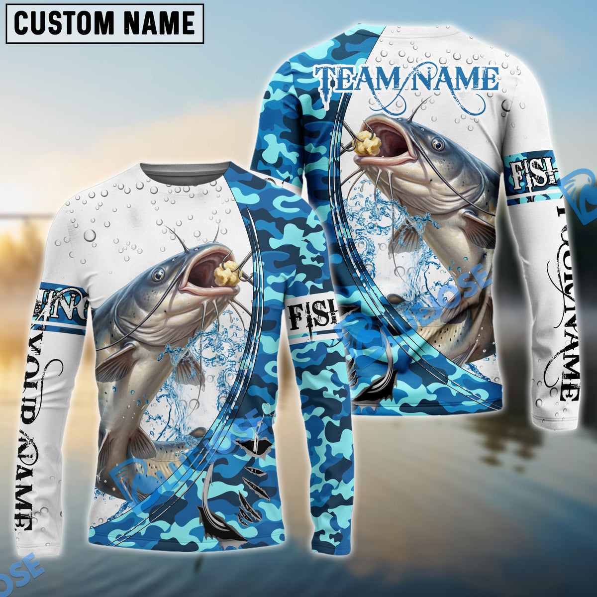 Bluejose Catfish Fishing Blue Camouflage Water Splash Custom Name &amp; Team Name 3D Shirts