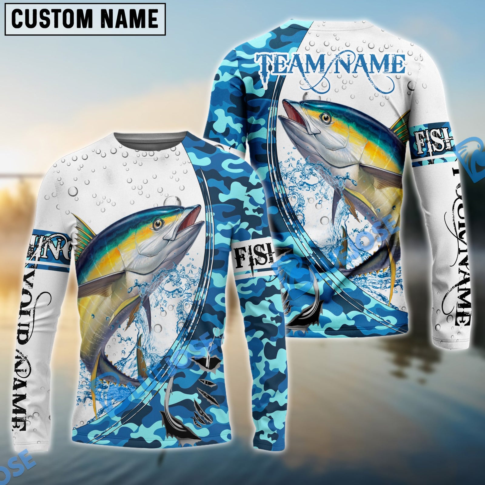 Bluejose Tuna Fishing Blue Camouflage Water Splash Custom Name & Team Name 3D Shirts